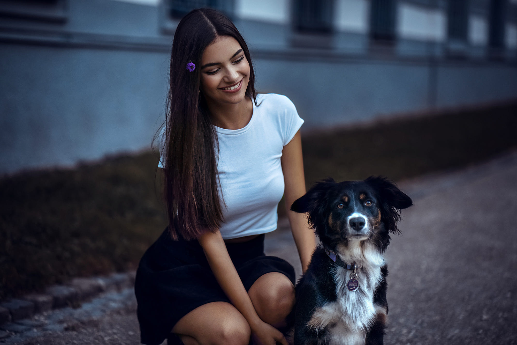 Women Model 500px Dog Brunette Skirt Smiling Depth Of Field White Tops Women With Dogs 2000x1333