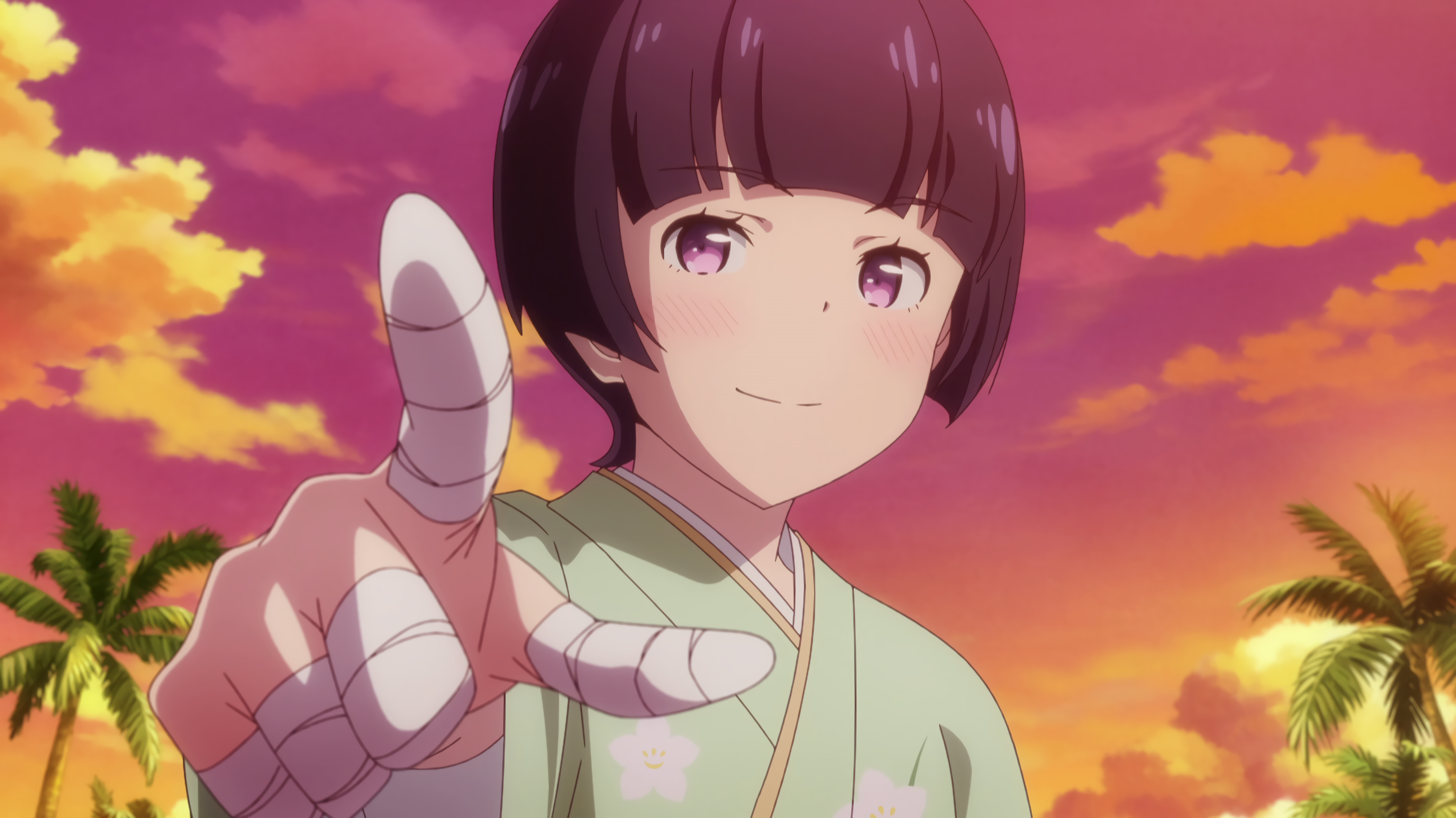 Eromanga Sensei Senju Muramasa Anime Girls Purple Eyes Palm Trees Sky Hands Short Hair Face Anime 3072x1728