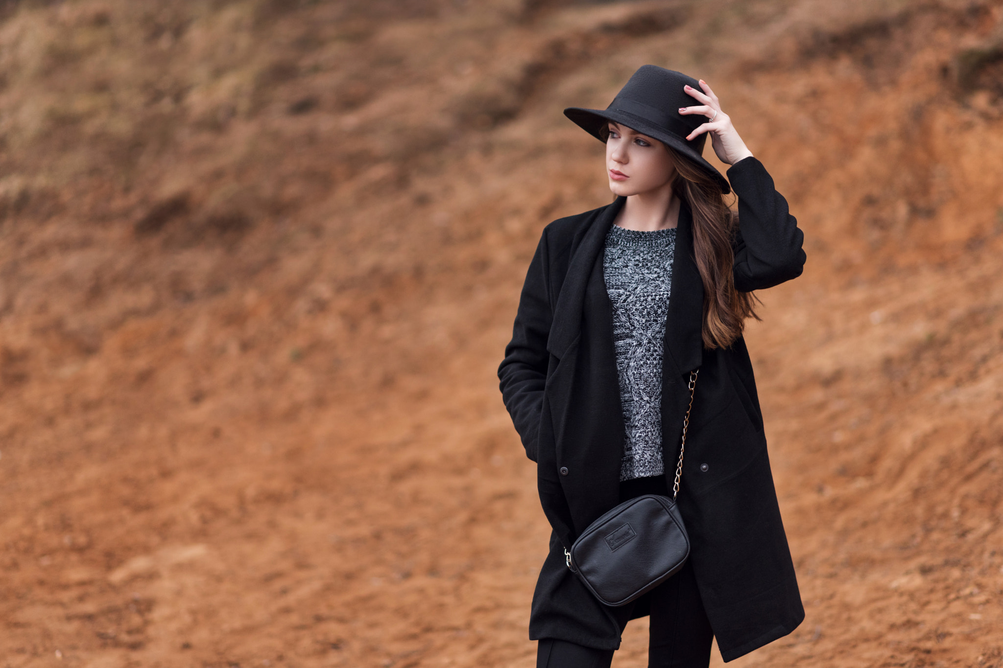 Women Model Black Coat Hat Millinery Looking Away Hands In Pockets Grey Sweater Black Pants Brunette 2048x1365