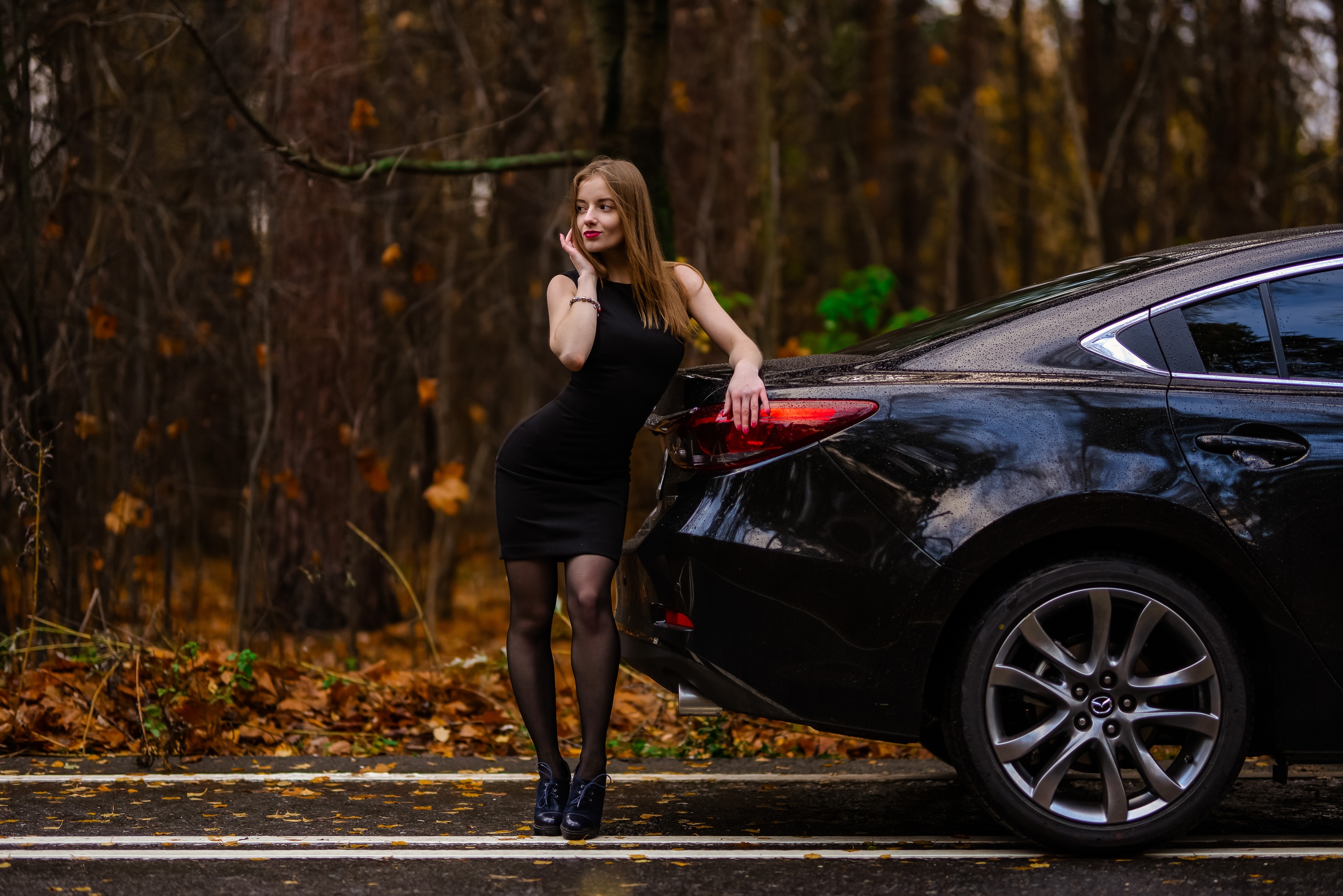 Women Model Looking Away Dress Black Dress High Heels Standing Car Black Cars Forest Fall Road Outdo 2560x1707