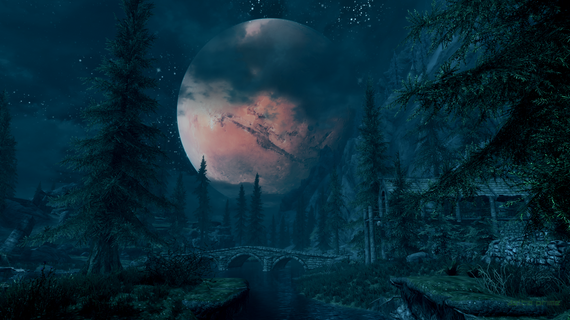 The Elder Scrolls V Skyrim PC Gaming Screen Shot Riverwood Moon Secunda Moonset Night Sky 1920x1080