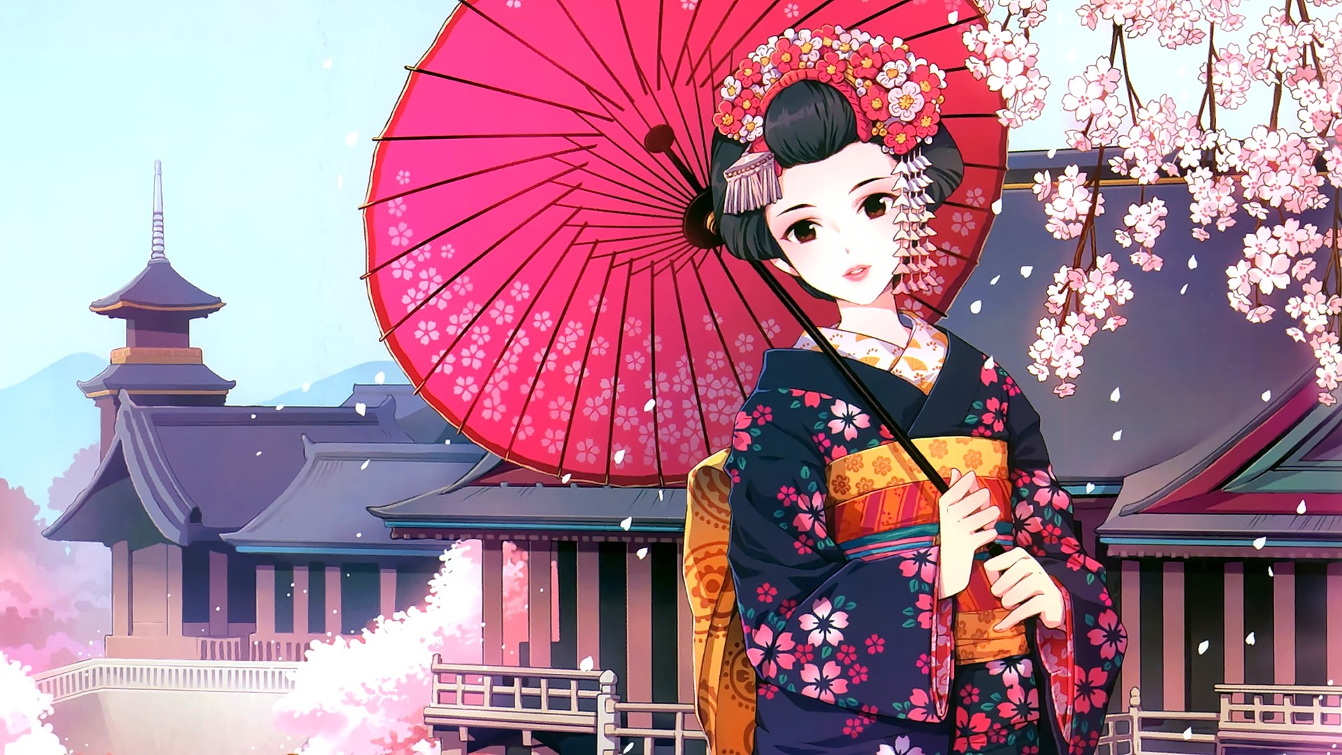 Anime Anime Girls Kimono Asian Architecture Cherry Blossom Umbrella Japanese Umbrella Japanese Cloth 1920x1080
