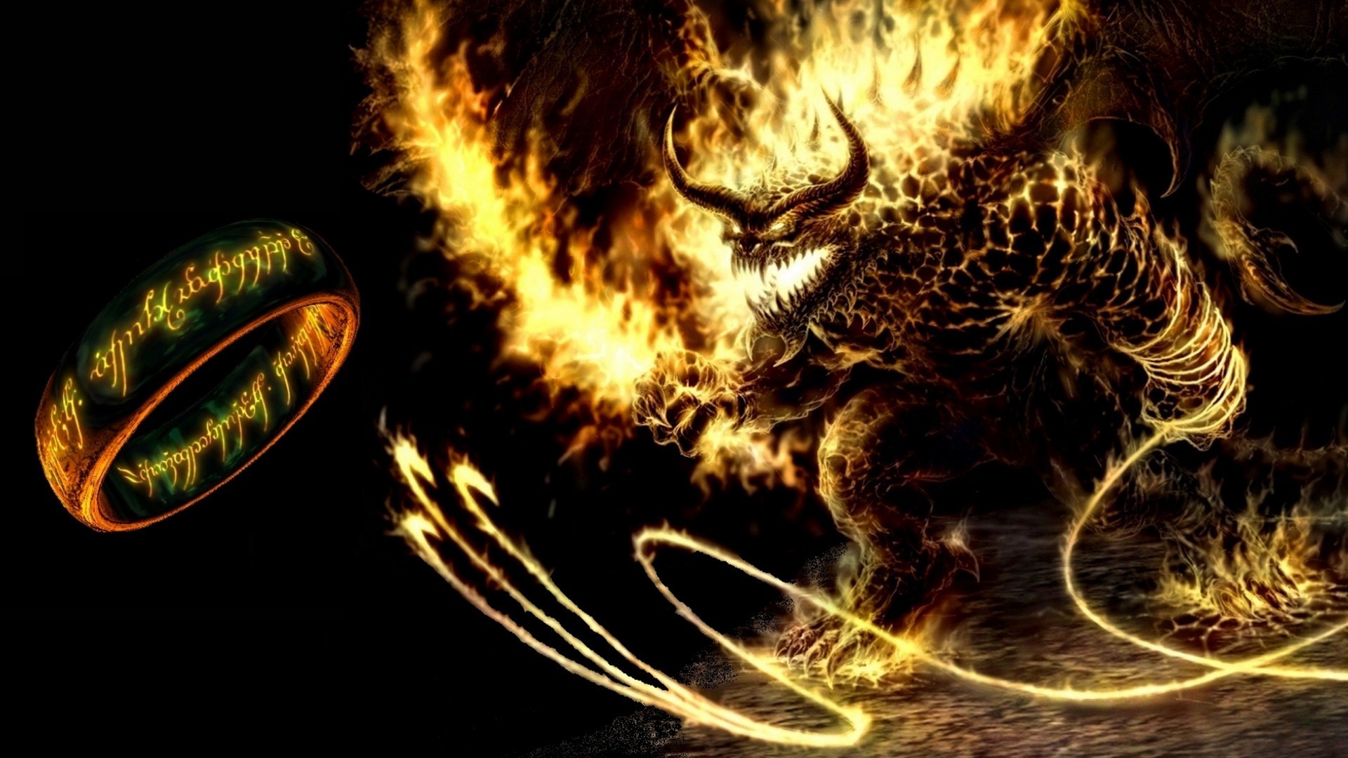 The Lord Of The Rings Balrog Rings Middle Earth Fantasy Art Black Background Fire Demon Creature 1920x1080