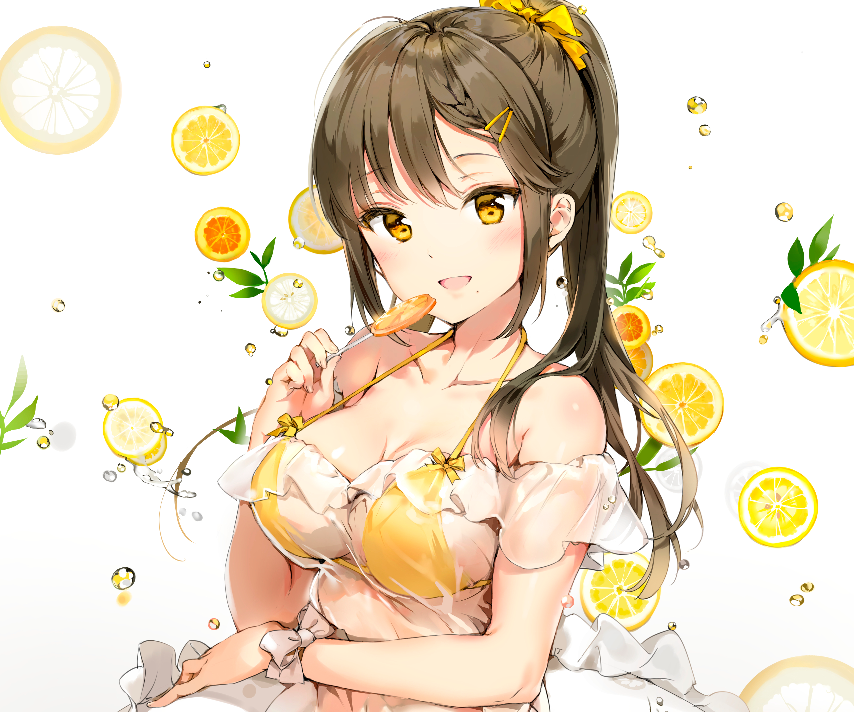 White Background Anmi Blush Blushing Brunette Cropped Long Hair Ponytail Two Piece Swimsuit Yellow E 3338x2781