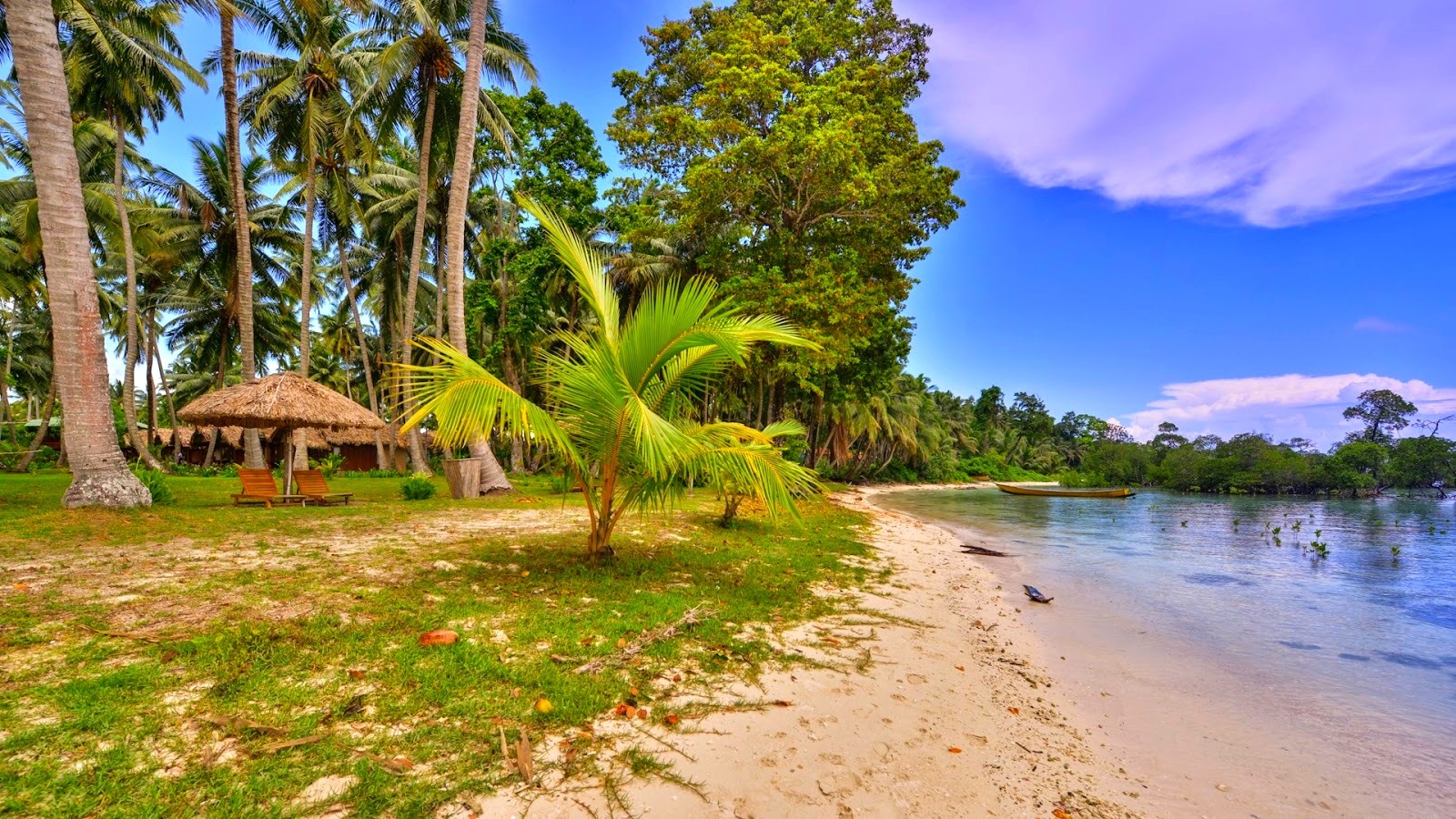 Nature Landscape Beach Palm Trees Grass Tropical Boat Sunshade Chair Sand Sea 1600x900