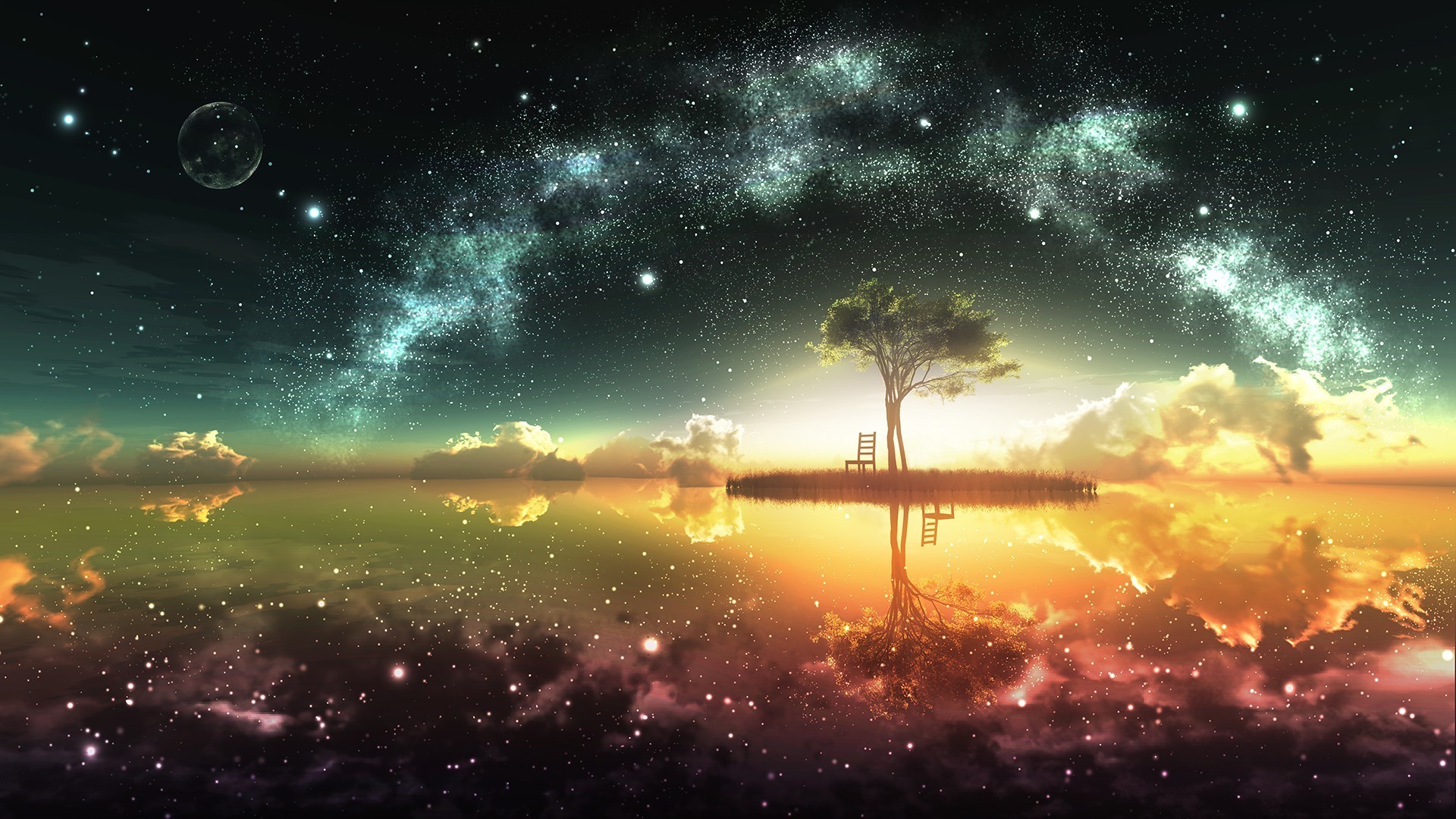 Sky Lake Fantasy Art Colorful Digital Art Trees Space Space Art Stars Artwork Reflection Anime Water 1920x1080