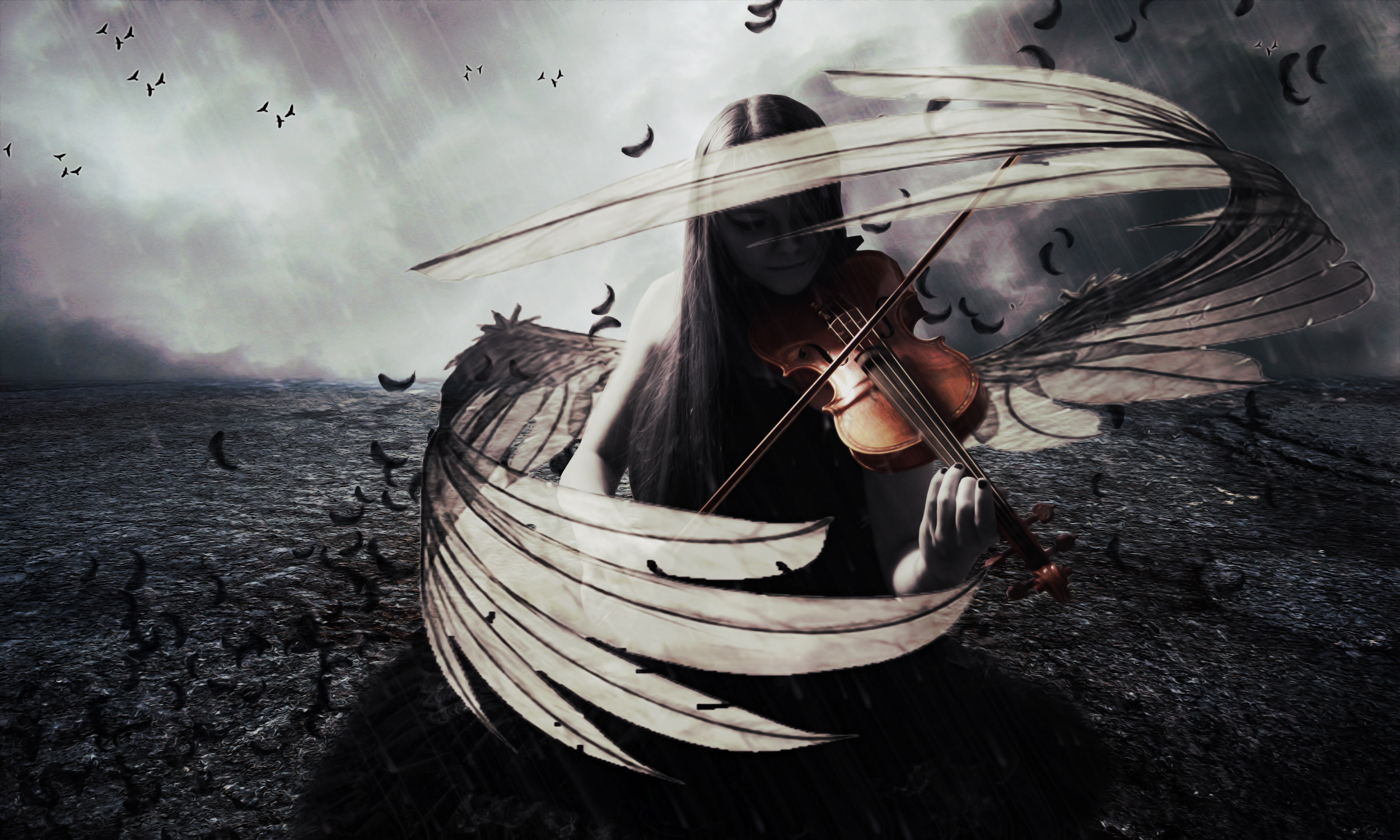 Fantasy Gothic Dark Angel Wings Violin Violinist Music Photoshop 2500x1500
