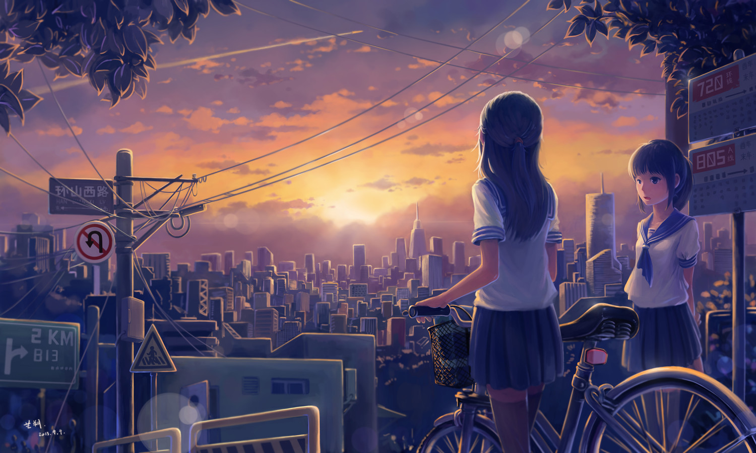 Tyc001x Anime Girls Original Characters Sky Clouds Sunset Long Hair Black Hair City Road Sign Bikes  1500x899