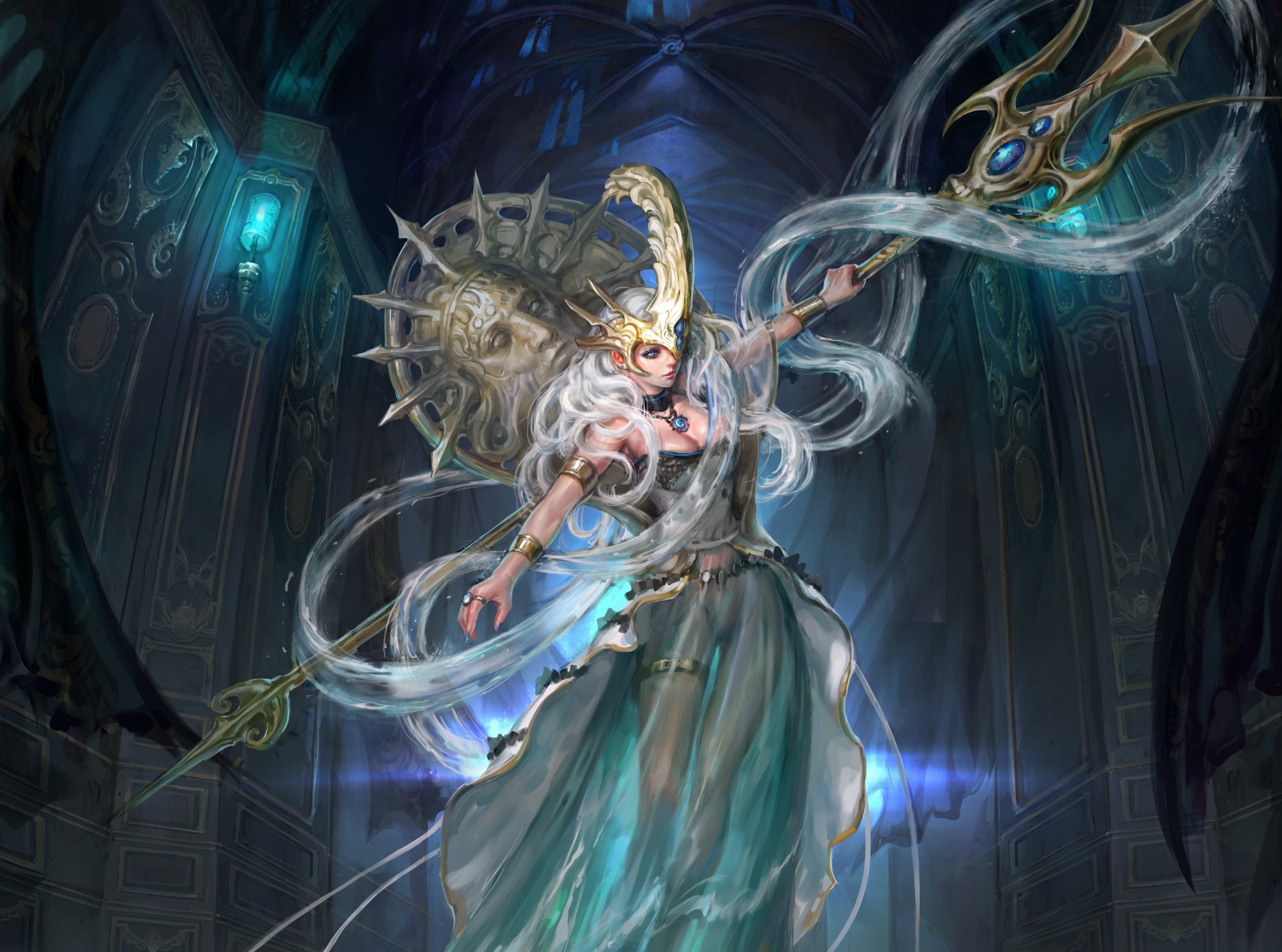 Fantasy Art Artwork Magician Poseidon Women Lance Lights 2743x2039