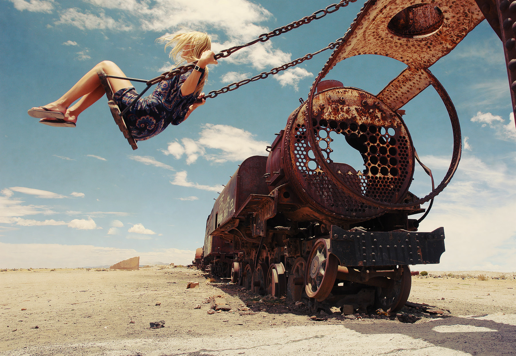 Women Model Blonde Long Hair Locomotive Desert Swings Chains Rust Metal Wreck Clouds Sand Stones Veh 1800x1241