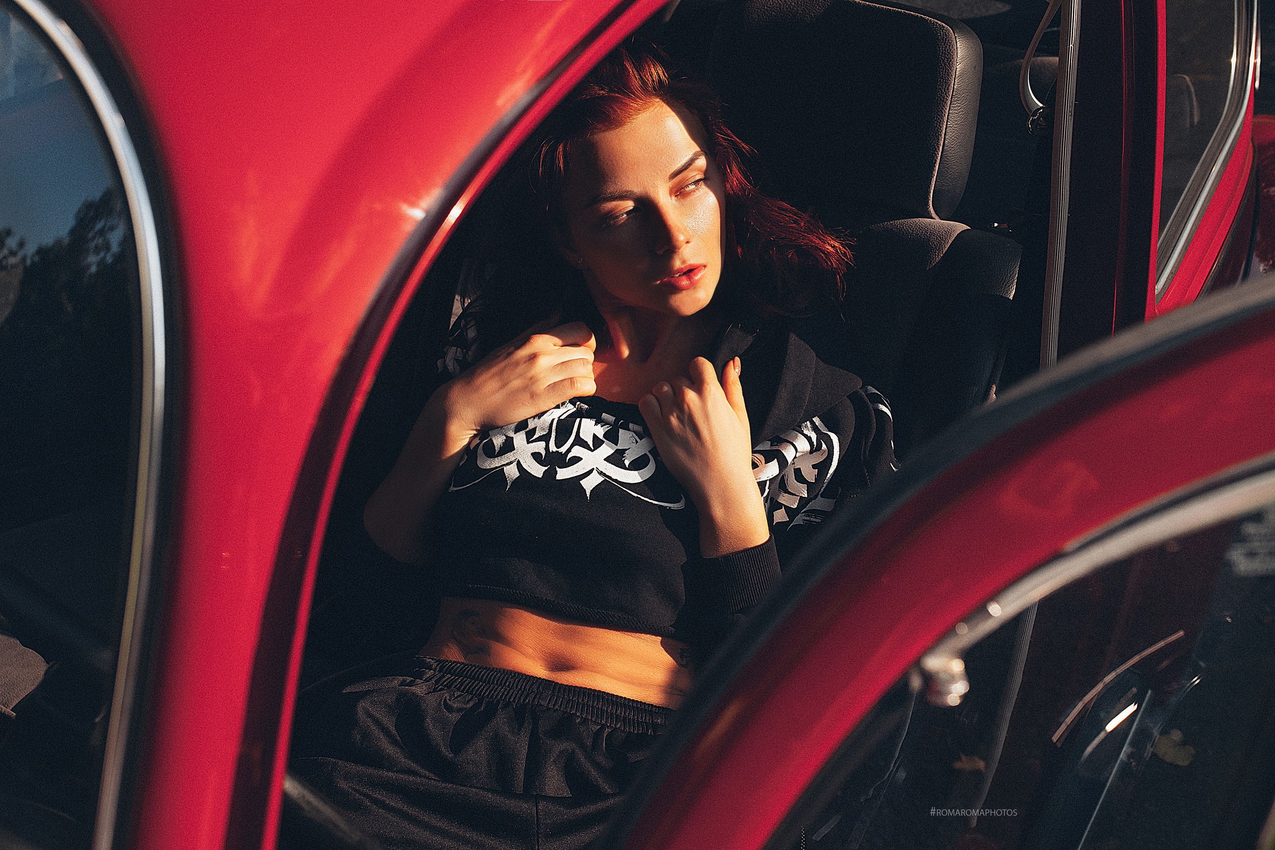Inga Sunagatullina Women Model Portrait Inside A Car Open Door Sportswear Car Red Cars Sitting Looki 2560x1707