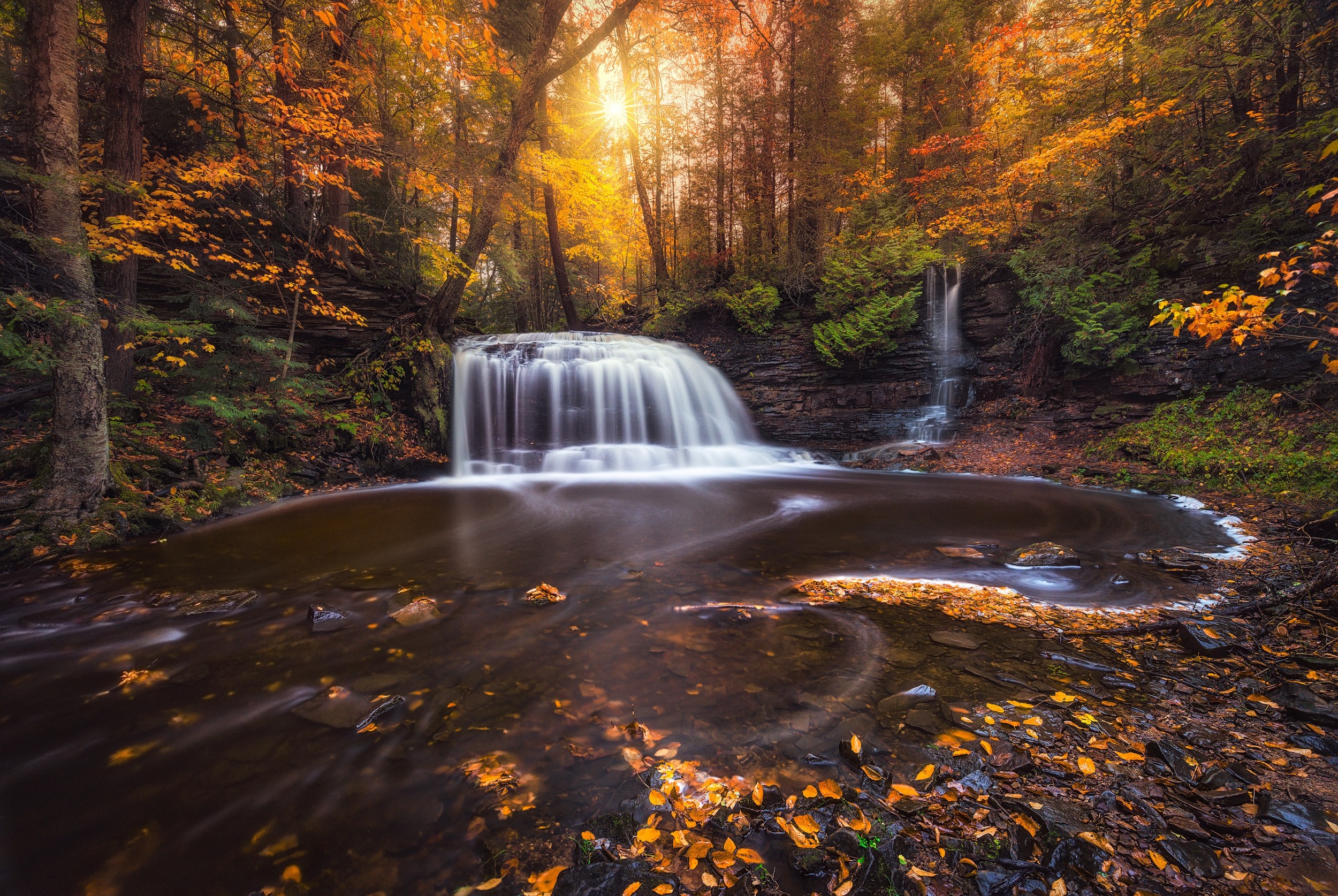 Photography Nature Landscape Fall Waterfall Forest Sunlight Leaves Colorful Long Exposure Michigan 2500x1674