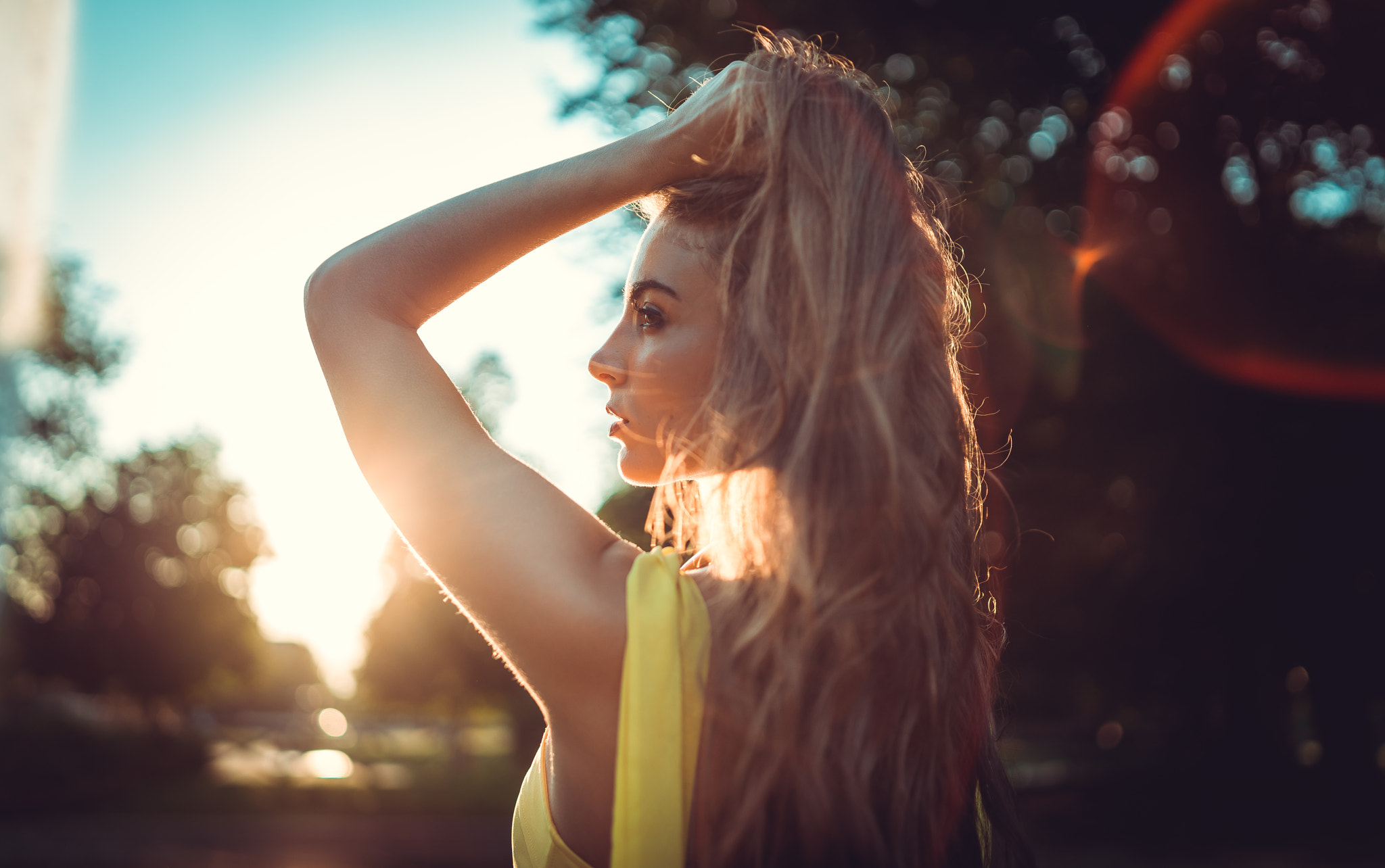 Women Blonde Face Long Hair Women Outdoors Dress Tanned Back Lens Flare Hands In Hair Looking Into T 2048x1284