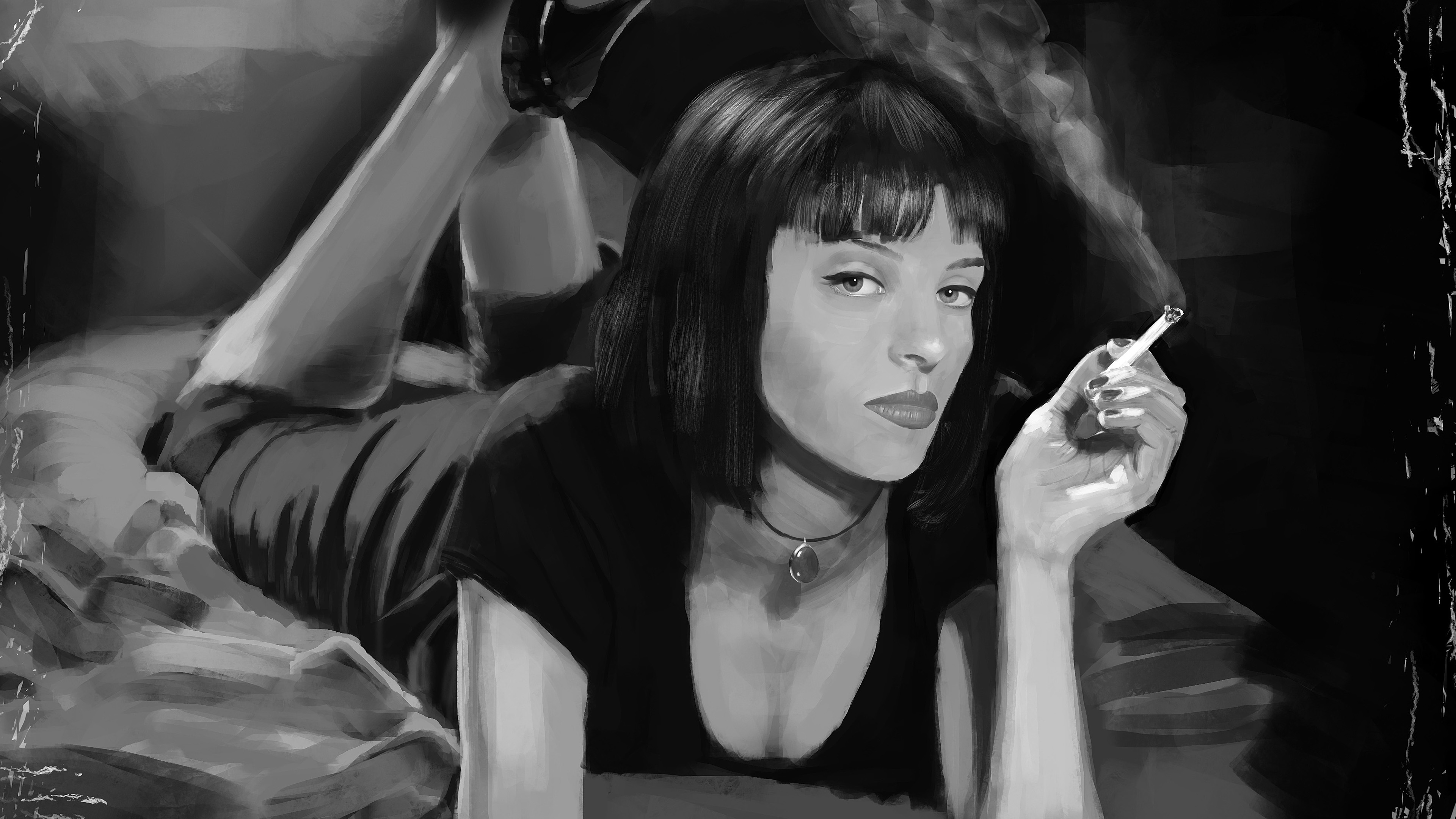 Movies Pulp Fiction Uma Thurman Artwork Monochrome Painting In Bed Cigarettes Smoke Women Actress Mi 3840x2160