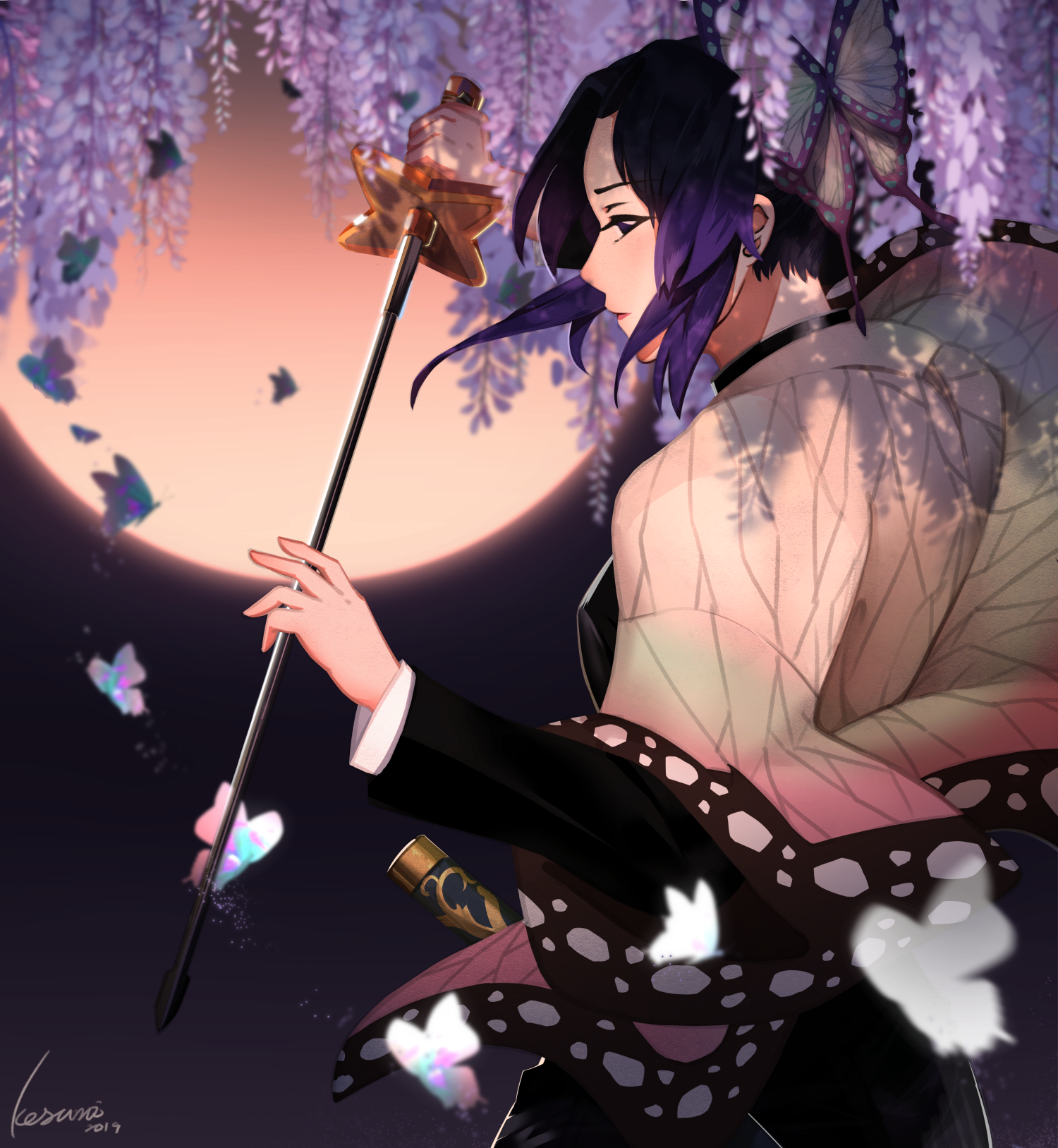 Kochou Shinobu Kimetsu No Yaiba Anime Girls Anime Purple Hair Profile Kimono Katana Weapon Butterfly 1500x1627