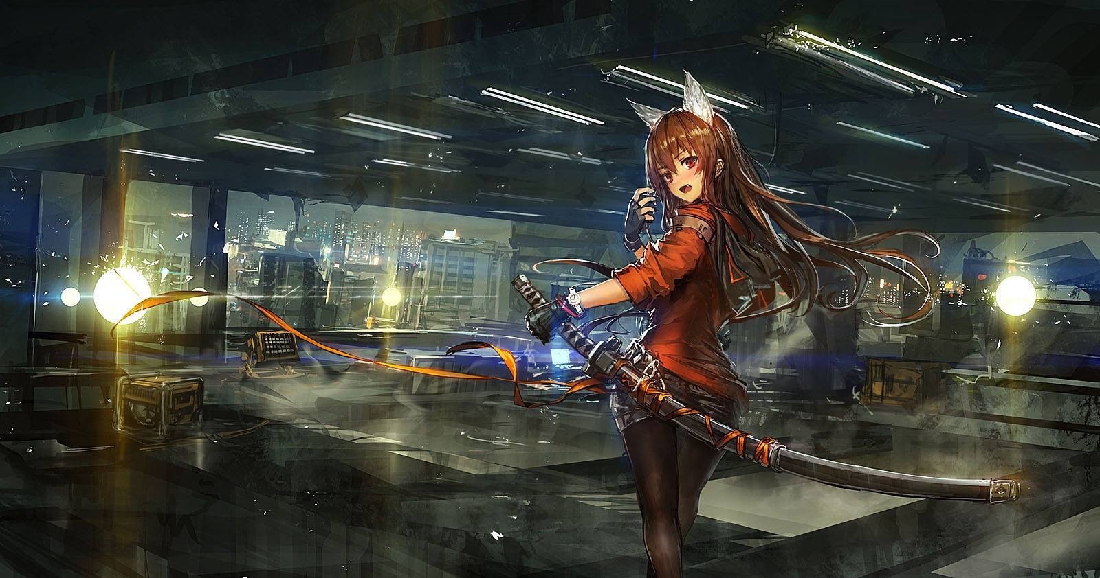 Anime Girls Nekomimi Op Center Original Characters Animal Ears Long Hair Red Eyes Shorts Katana Look 1600x842