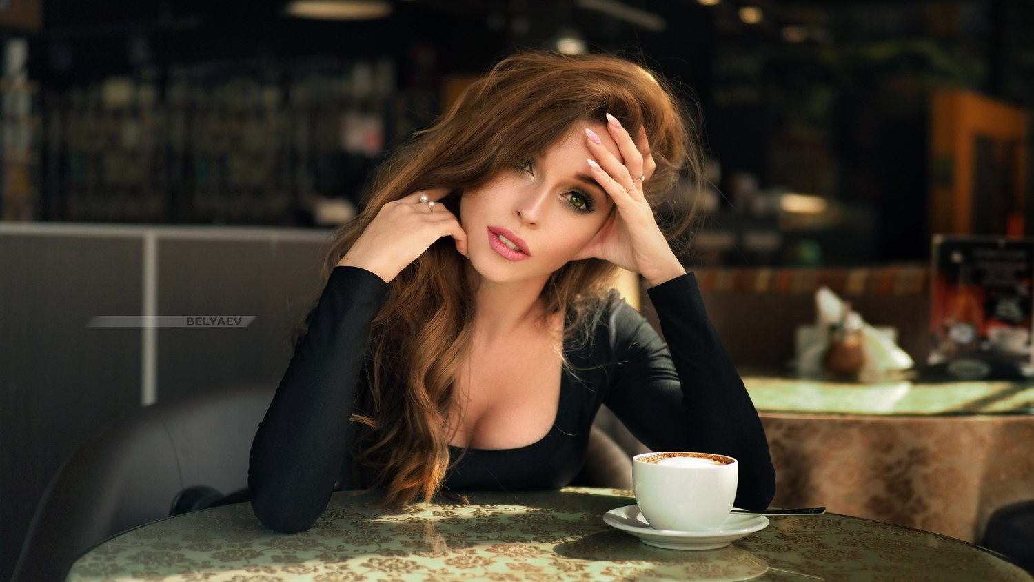 Women Brunette Green Eyes Black Clothing Face Portrait Coffee Hand On Face Dmitry Belyaev Pink Lipst 1500x844