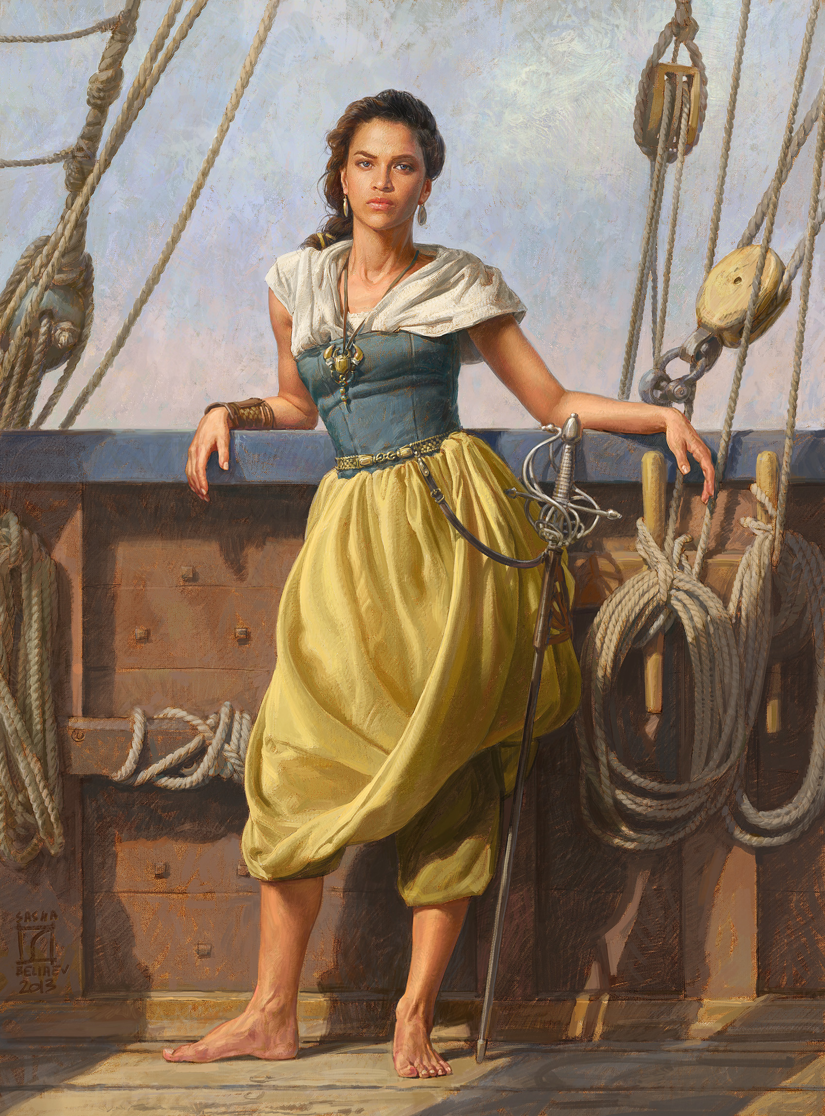 Sasha Beliaev Women Painting Ship Clothes Ropes Brunette Sabre Necklace Earring Blue Eyes 1700x2300