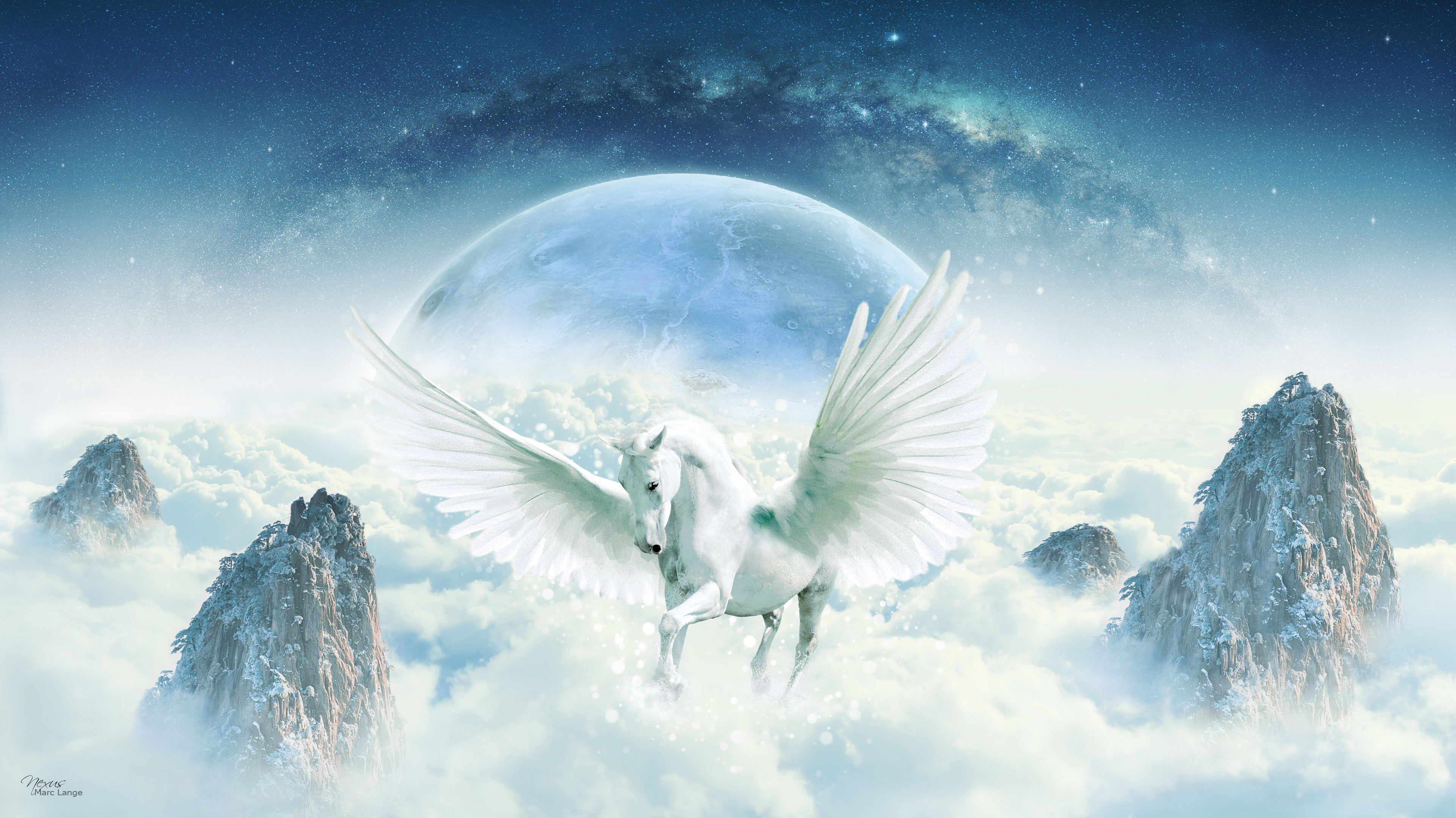 Fantasy Pegasus Planet Stars Rock Cloud White Moon 3840x2160