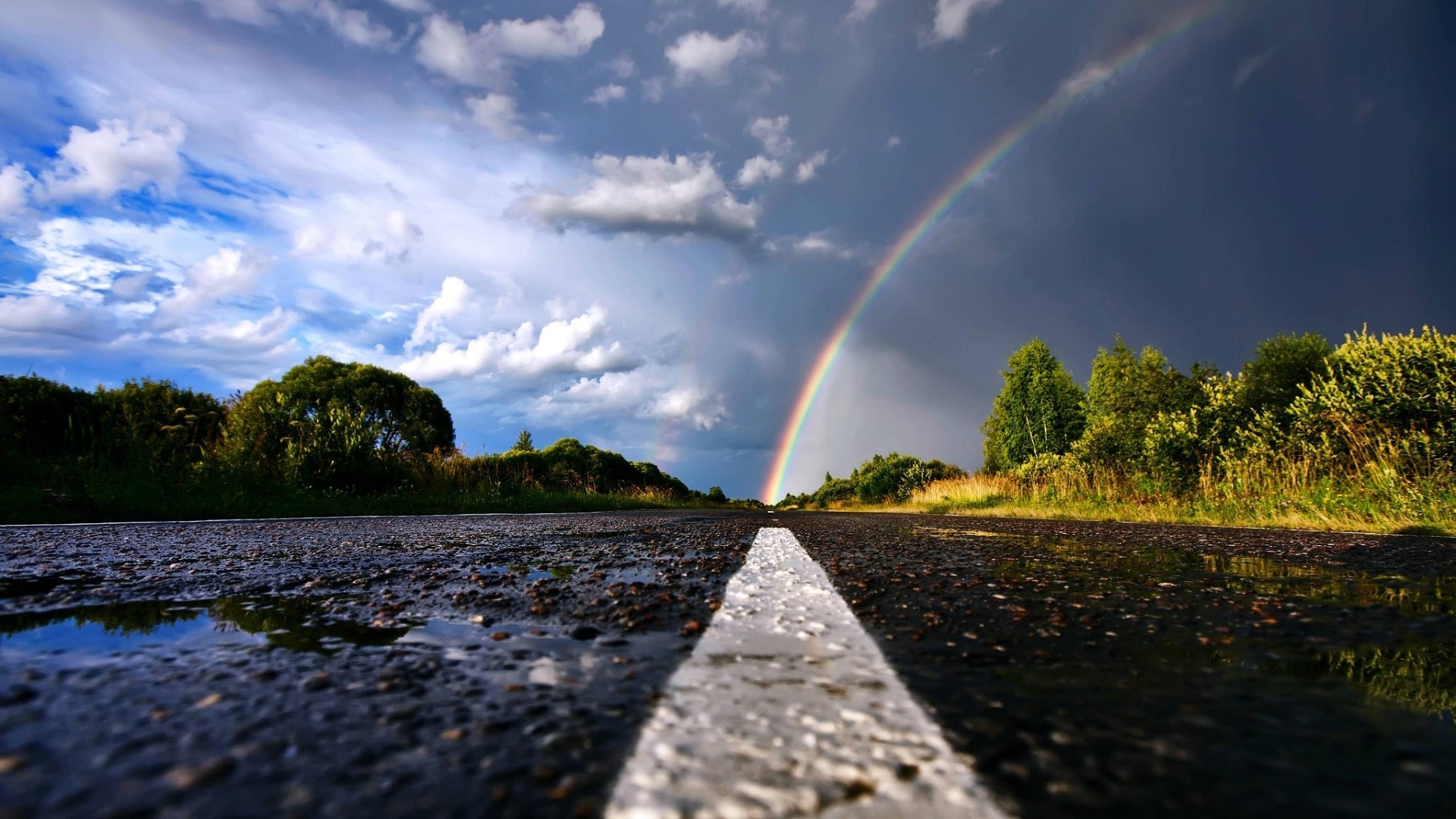 Nature Rainbows Road Wet Street Clouds 1920x1080