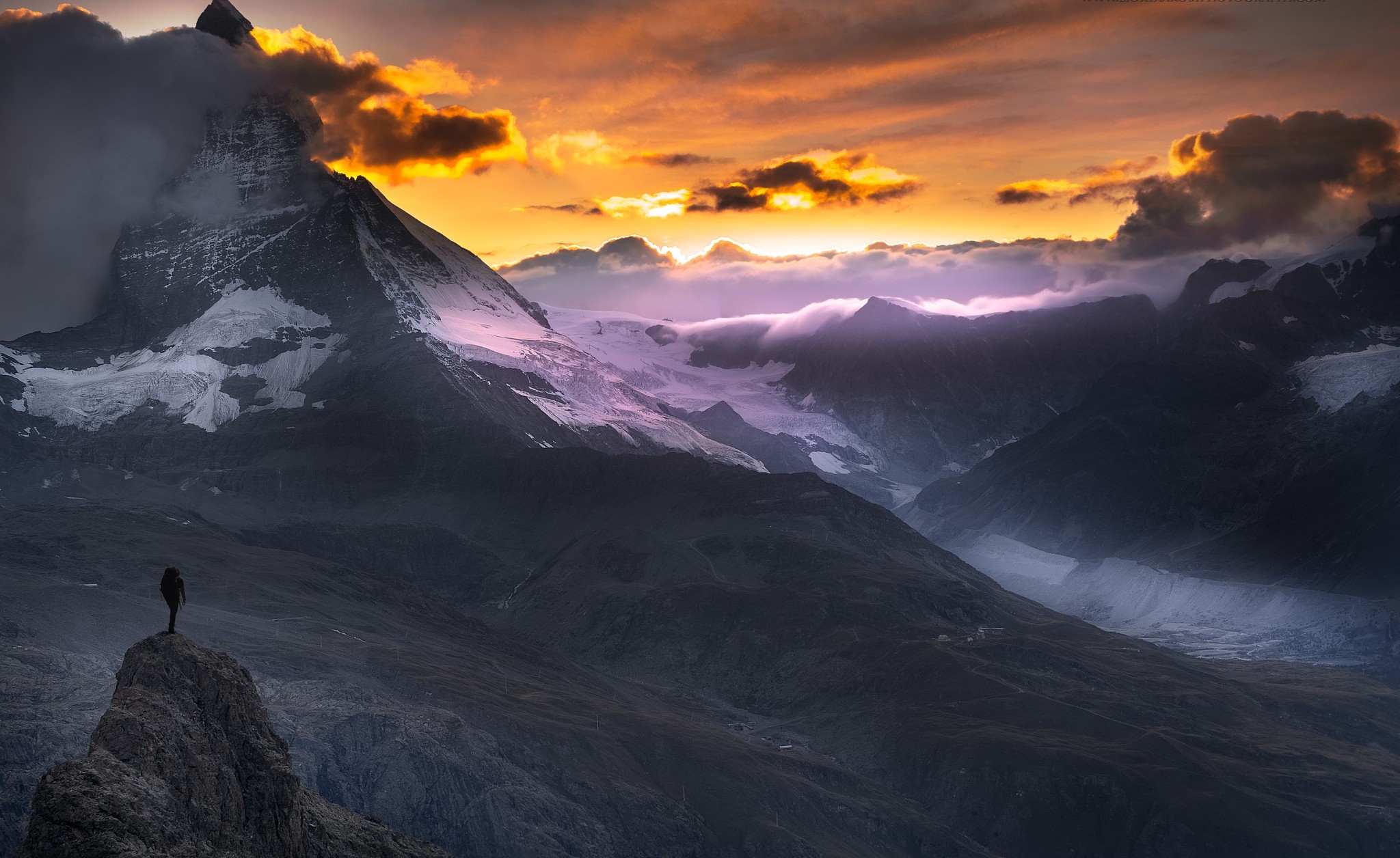 Nature Landscape Sunset Matterhorn Alps Mountains Hiking Snowy Peak Clouds Sky Switzerland 2048x1256