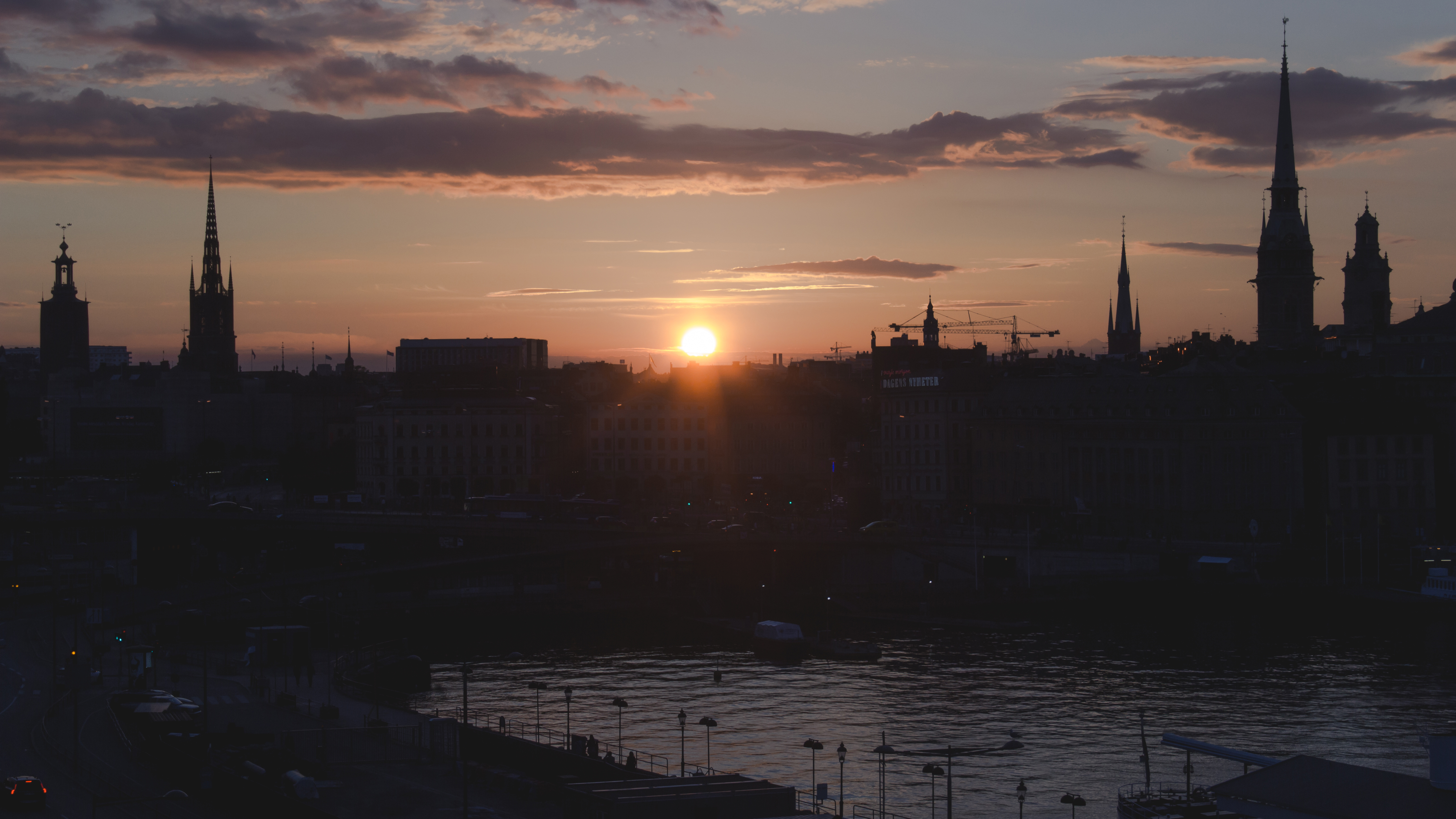 Stockholm City Sweden Sunset Clouds Church Street Water 5184x2916