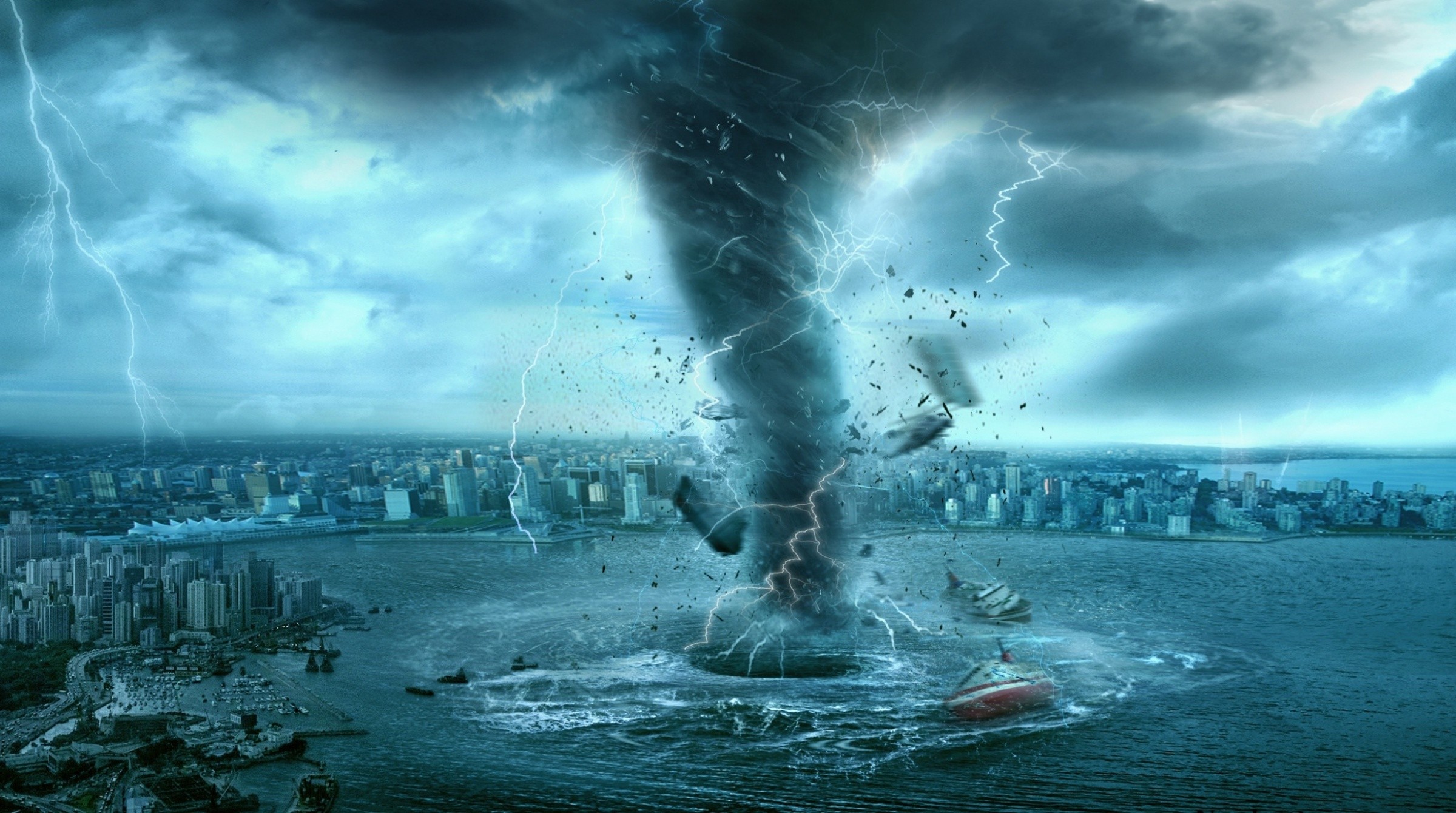 Tornado Digital Art Cityscape Sea Boat Apocalyptic Storm 2400x1340