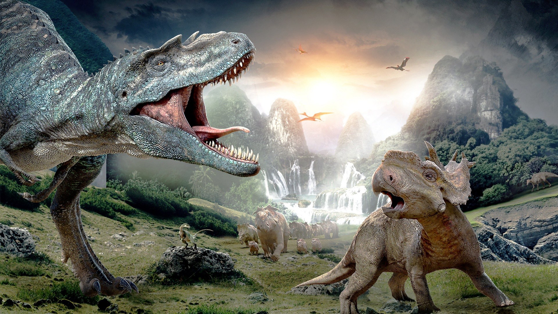 Nature Animals Dinosaurs Prehistoric Tyrannosaurus Rex Birds Digital Art Landscape Sun Mountains Roc 1920x1080