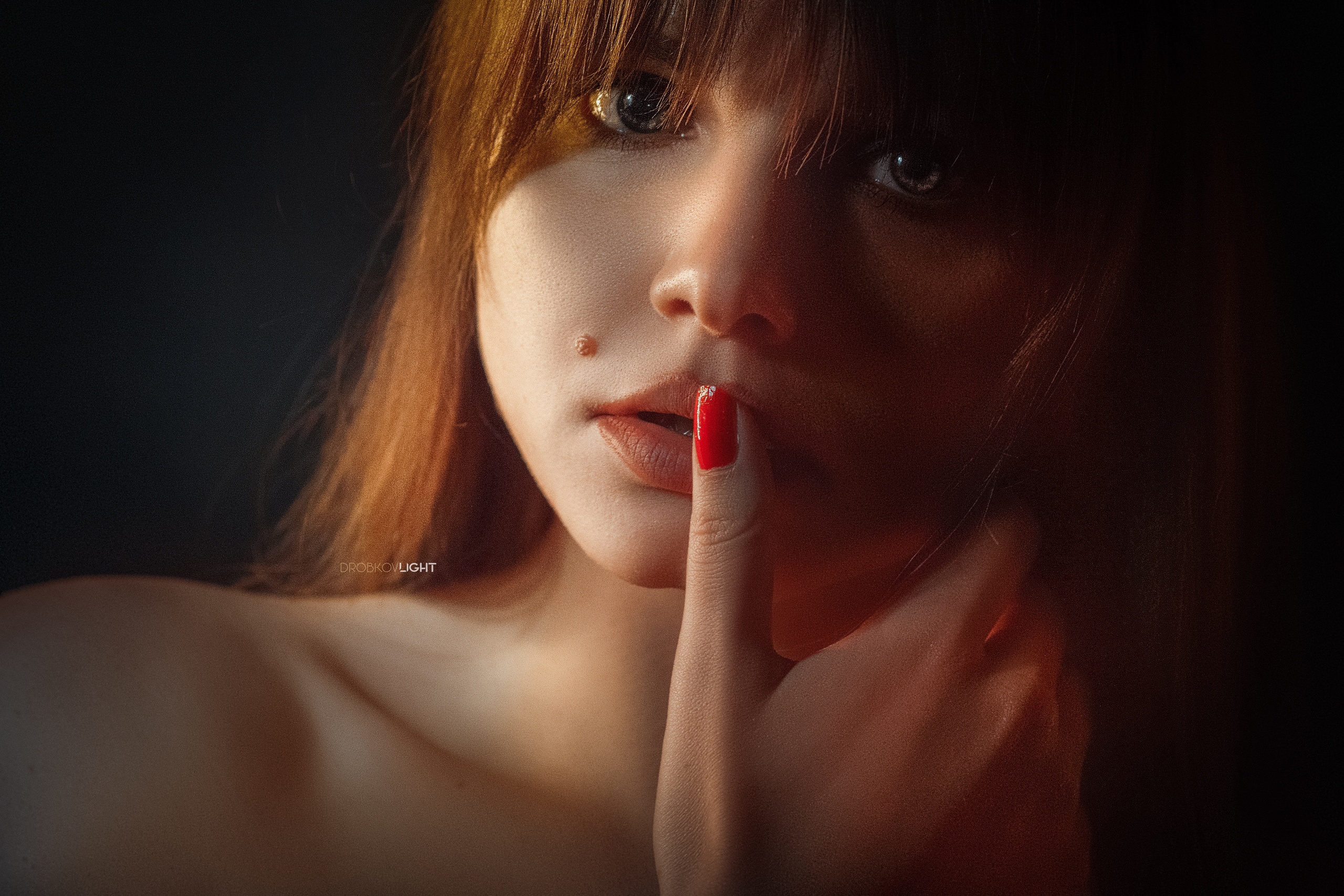 Alexander Drobkov Women Portrait Face Painted Nails Anastasia Lyubyatinskaya Finger On Lips Red Nail 2560x1707