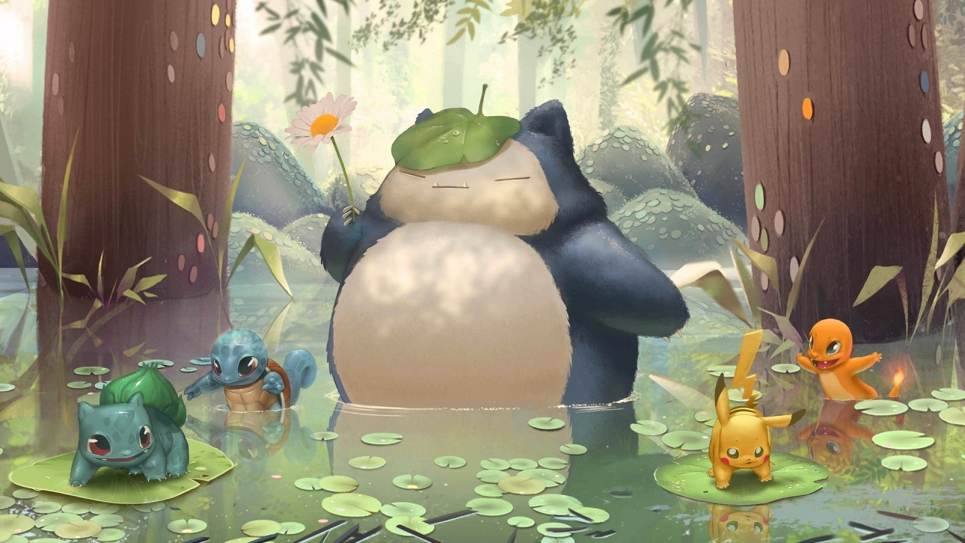 Pokemon Artwork Snorlax Bulbasaur Pikachu Squirtle Charmander Swamp Trees Lily Pads Flowers Nature F 1920x1080