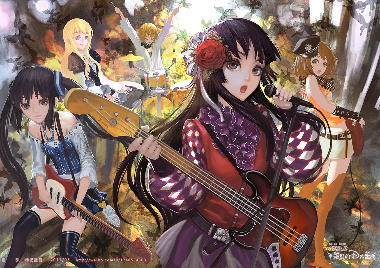K ON Anime Girls Black Hair Long Hair Ribbon Guitar Keyboards Bass Guitars Drums Microphone Akiyama  1324x935