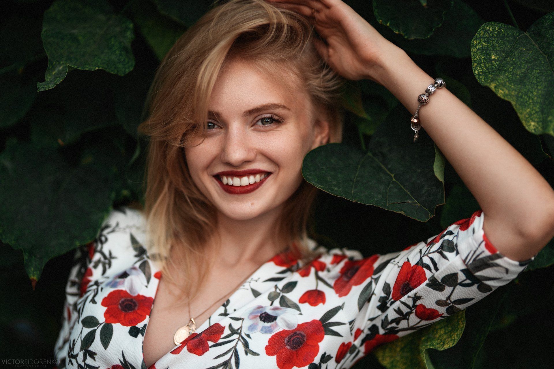 Katrin Enina Victor Sidorenko Women Model Blonde Touching Hair Looking At Viewer Smiling Red Lipstic 1920x1280