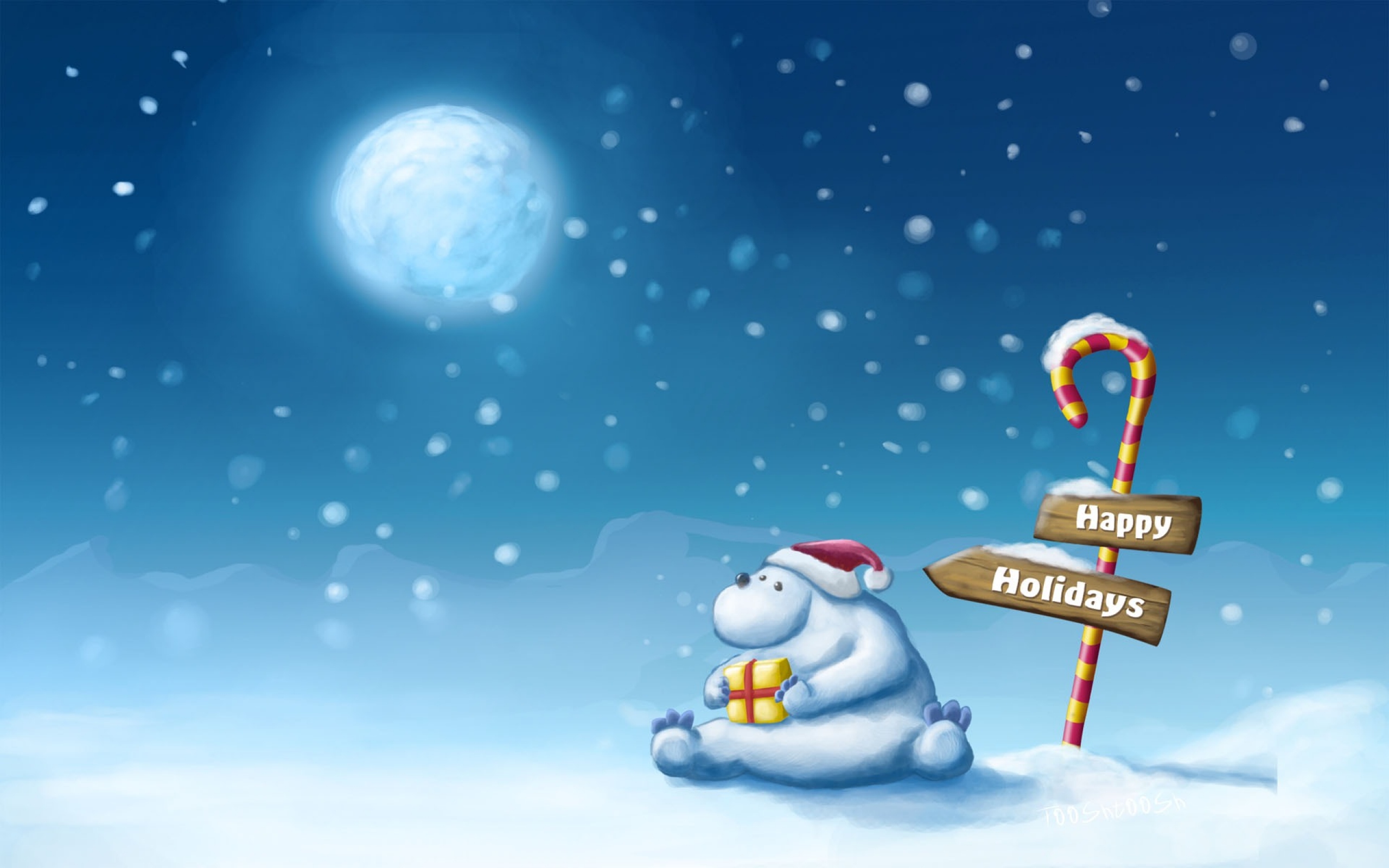 Christmas Santa Hat Bear Snow North Pole Gift Moon Blue 2560x1600