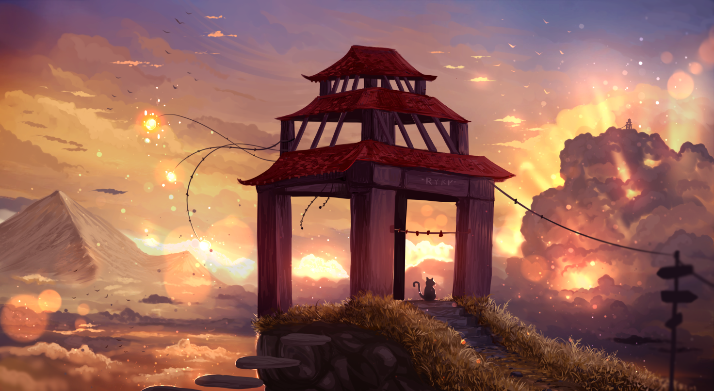 Asian Architecture Sign Mountains Ryky Clouds Sunset Birds Sparks Cats 1472x806