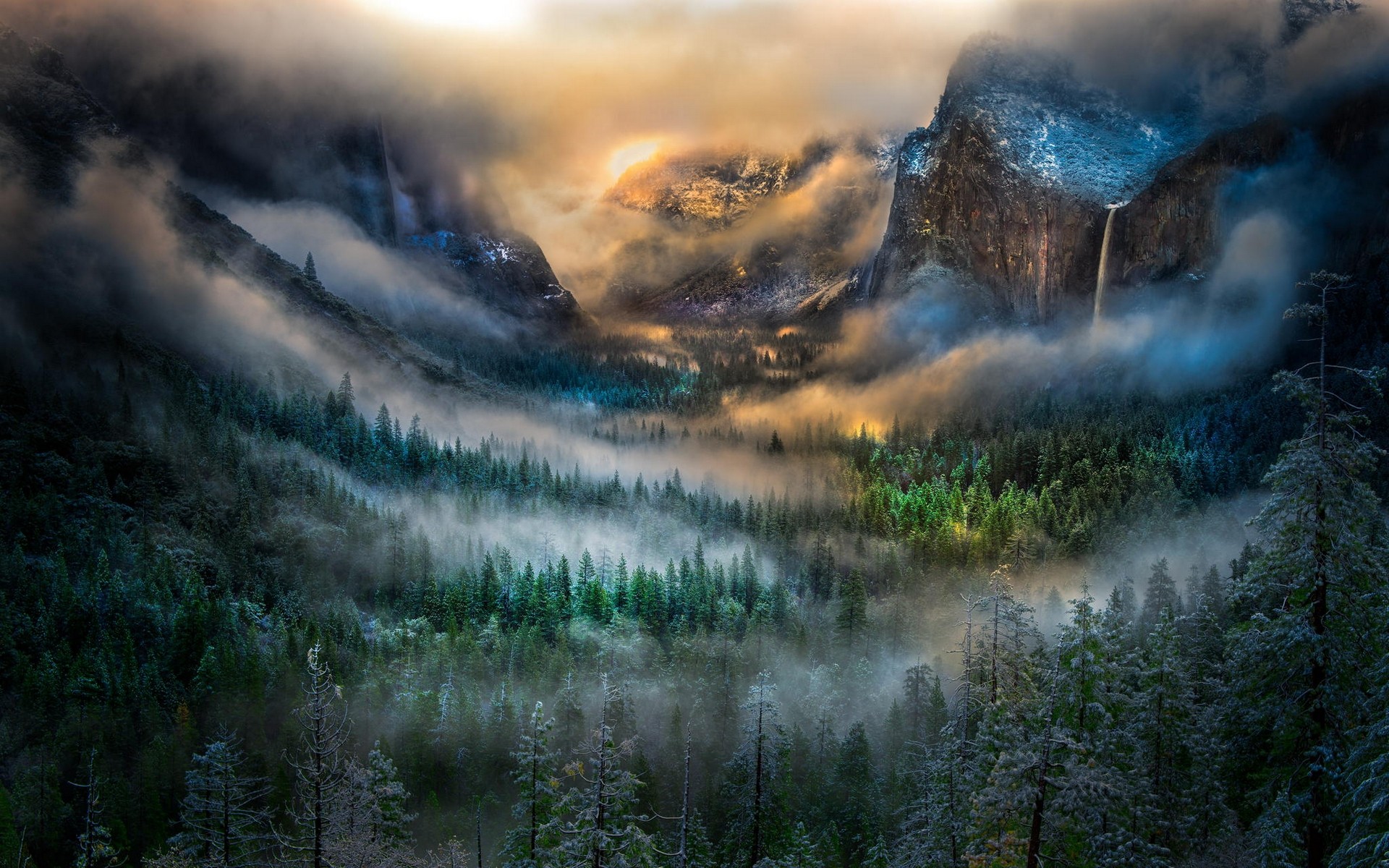 Nature Landscape Mountains Mist Yosemite Valley Winter Forest Waterfall Sunlight 1920x1200