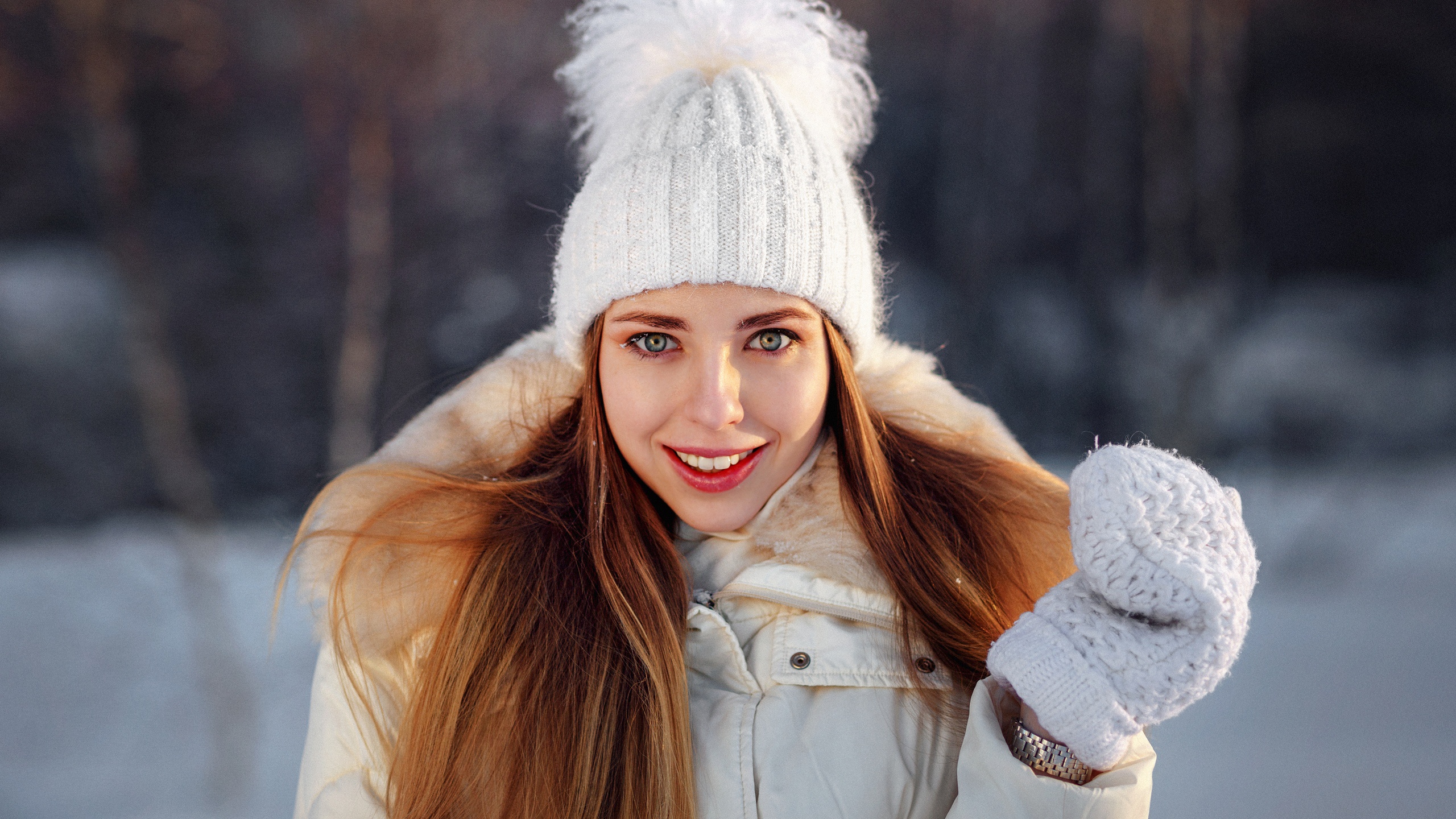 Hat Winter Long Hair Smiling Red Lipstick Portrait Women Women Outdoors Gloves White Jacket White Gl 2560x1440