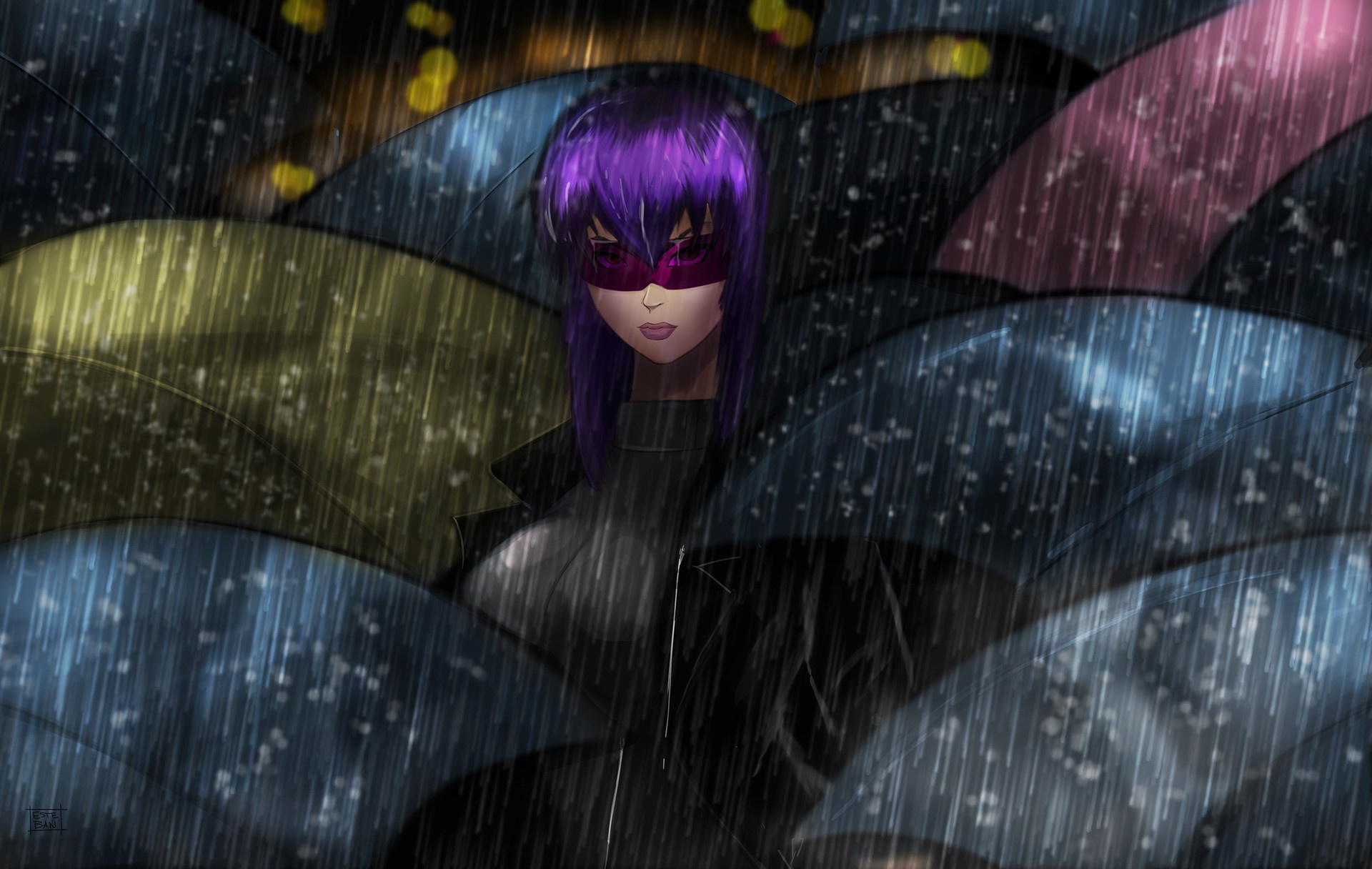 Dark Colorful Artwork Umbrella Cyberpunk Anime Girls Anime Purple Hair Mask Kusanagi Motoko Ghost In 1920x1216