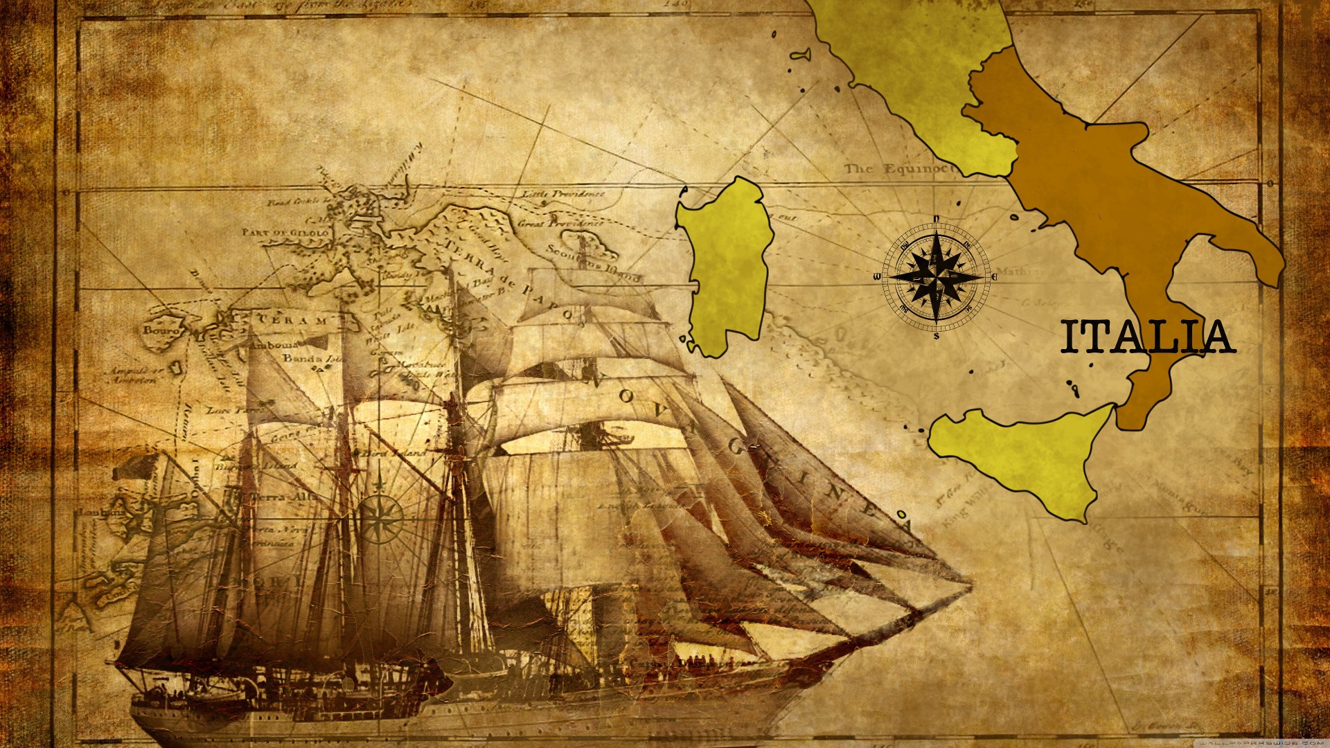 Old Map Italy Historic Compass Vessel Ship 1920x1080