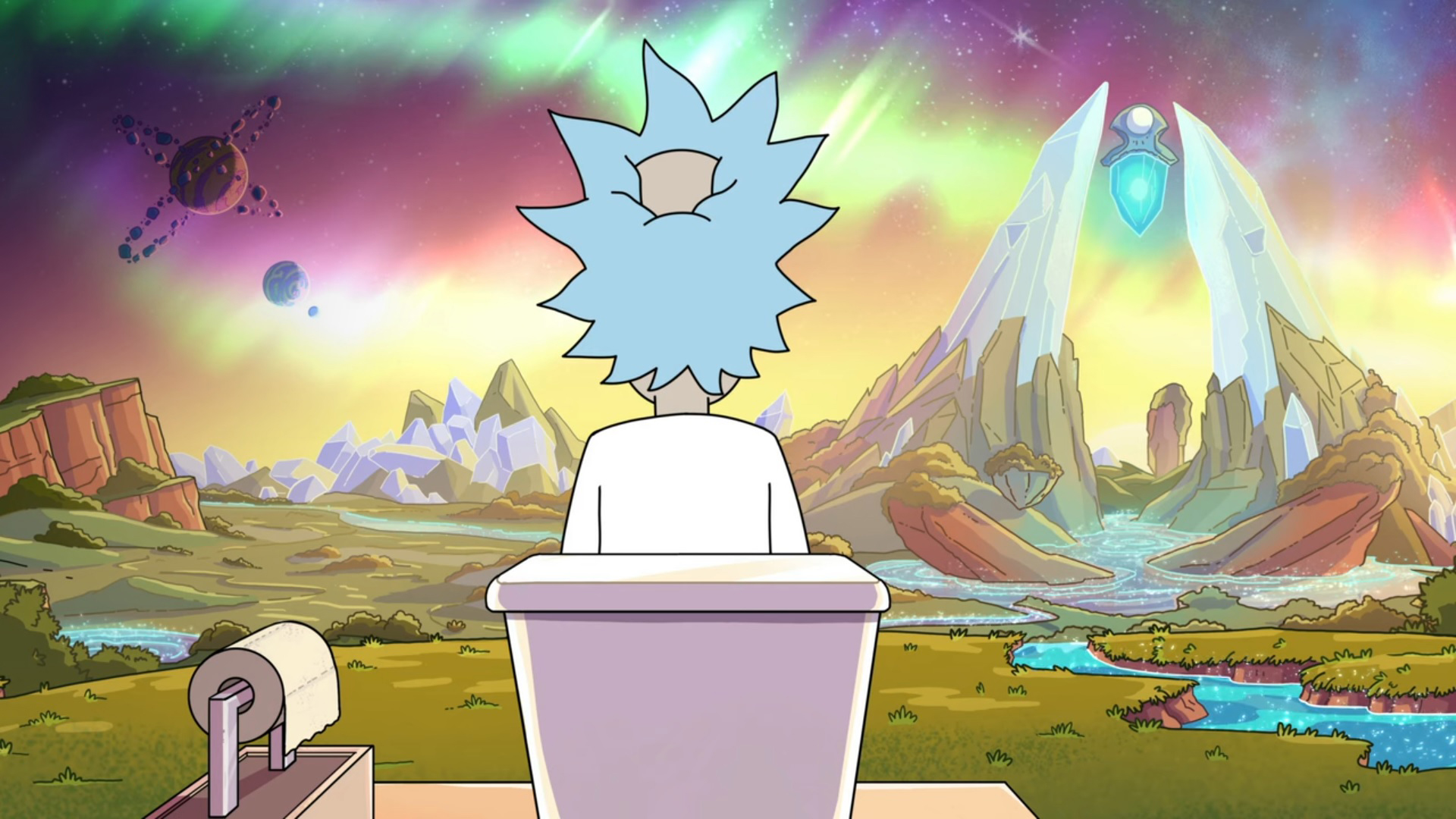 Rick And Morty Toilets Movie Screenshots Toilet Paper Rick Sanchez Aurorae Planet Crystal Scenery Fr 1920x1080