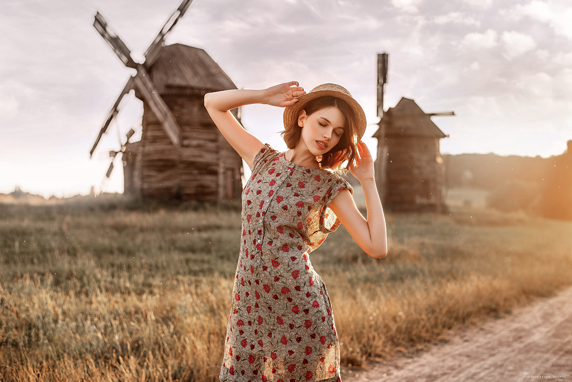 Dima Begma Women Model Dress Women Outdoors Hat Windmill Sunlight Brunette Short Hair Depth Of Field 2000x1335