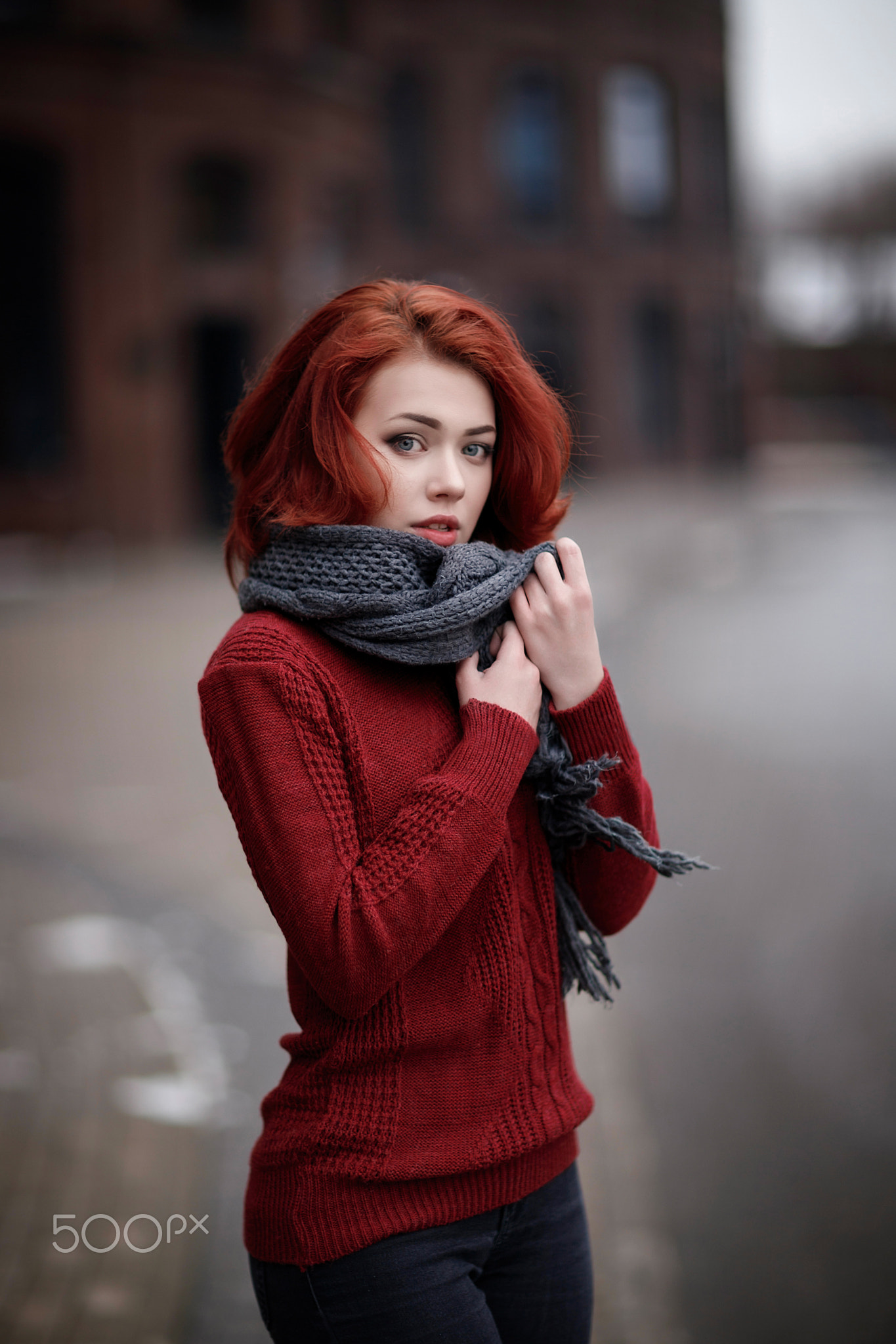 Women Model Looking At Viewer Depth Of Field Redhead Sweater Scarf Street Vertical 500px Blue Eyes R 1365x2048