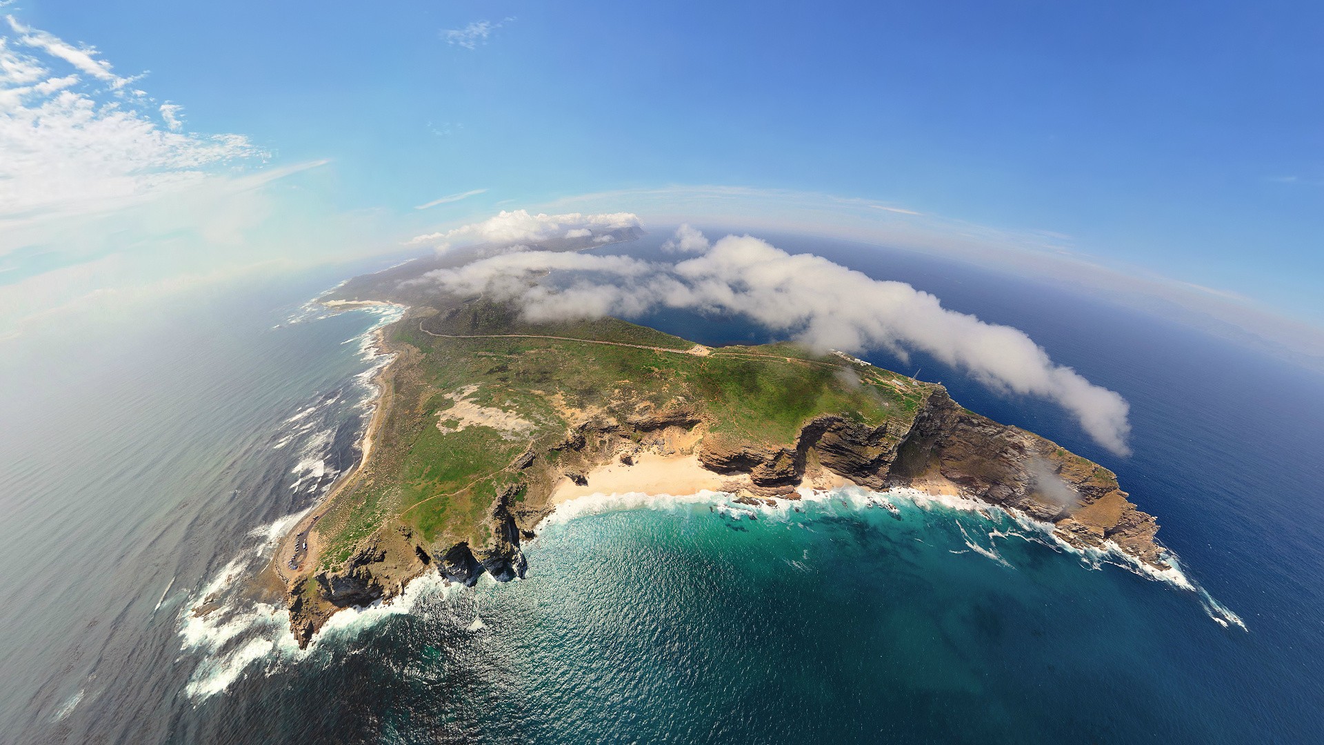 Nature Landscape Mountains Aerial View Sea Clouds Island Waves Cliff Africa GoPro Fisheye Lens 1920x1080