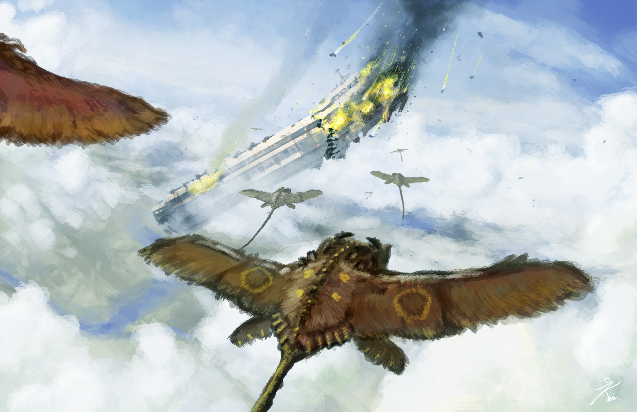 Sky Birds Bats Moths Clouds Spaceship Debris Fantasy Art Manta Rays Kev Art 2040x1320