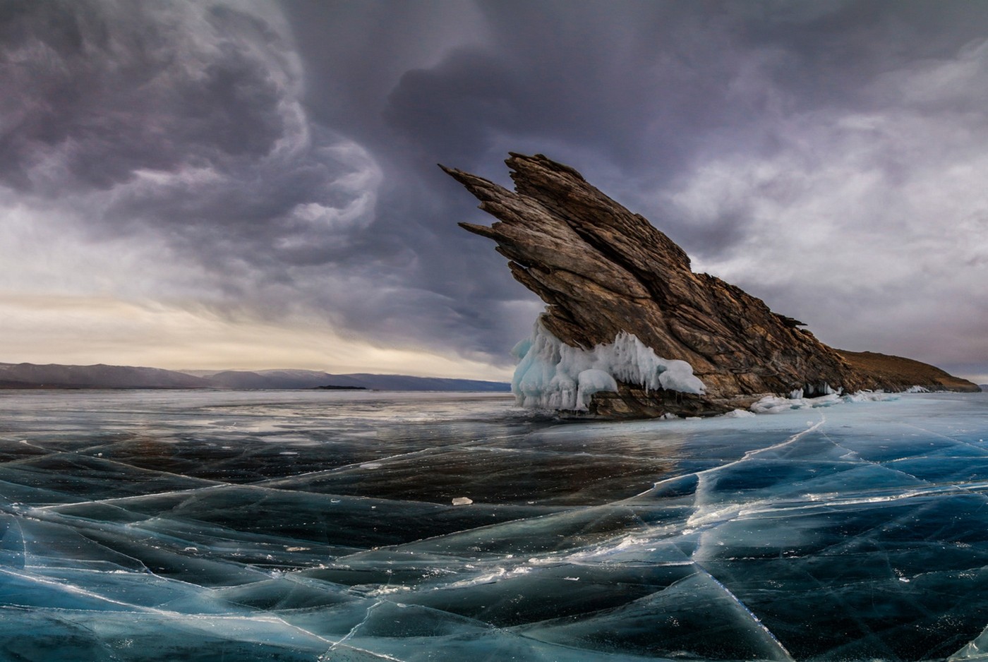 Nature Landscape Clouds Sky Lake Frost Ice Rock Lake Baikal Russia Cold 1400x938