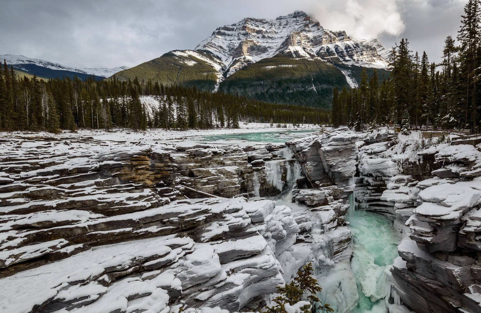 Landscape Mountains Winter Gorge River Jasper National Park Alberta Without People 2047x1330