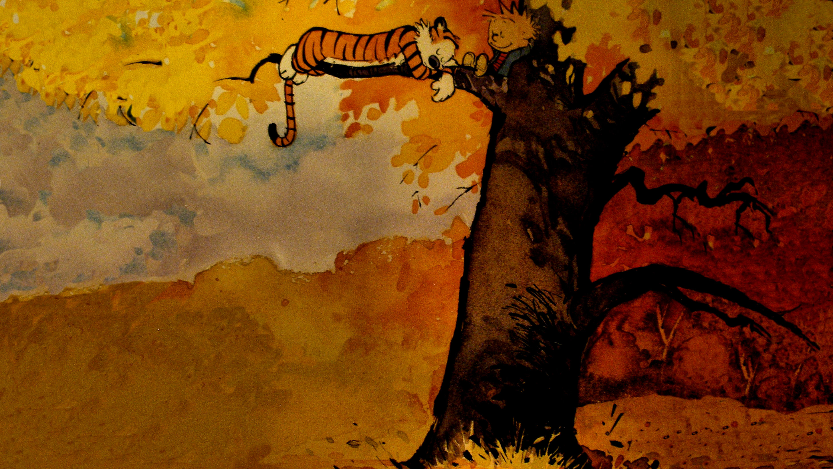 Calvin And Hobbes Fall Relaxing Cartoon Bill Watterson 2912x1640