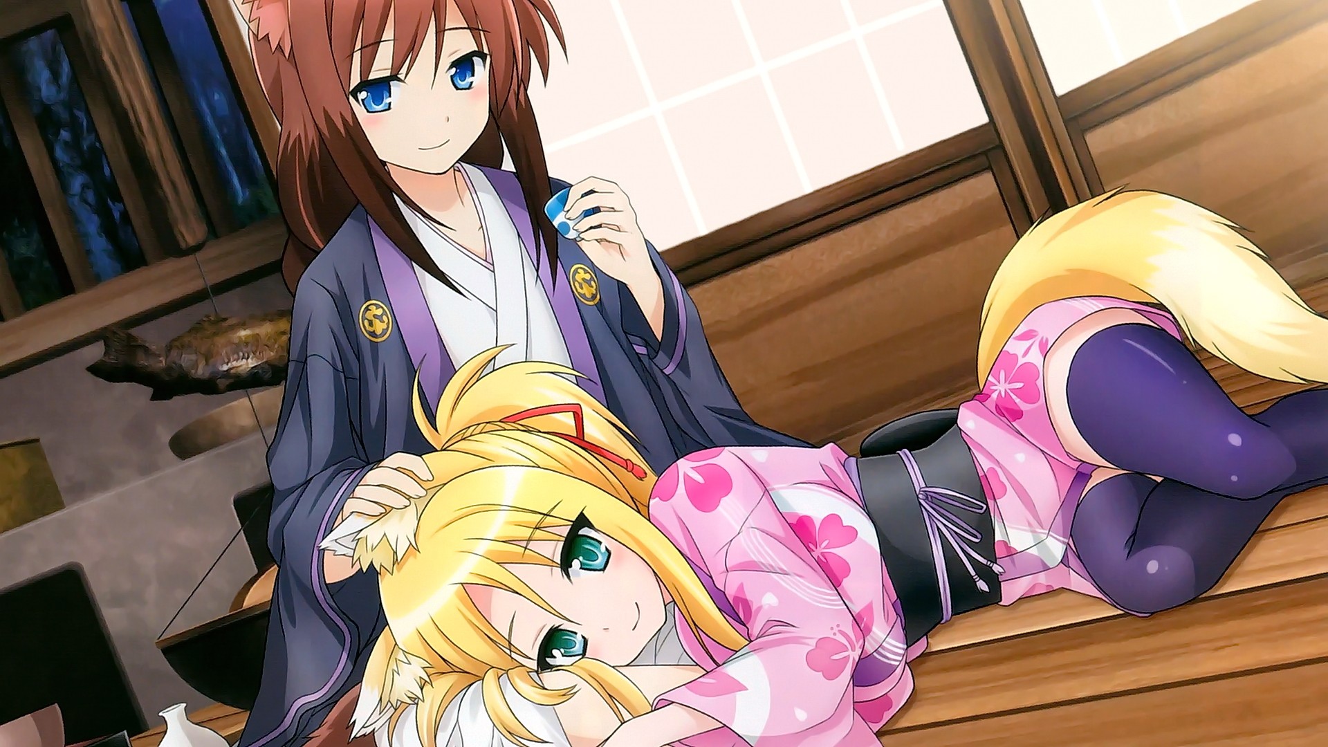 Anime Anime Girls Long Hair Blonde Brunette Blue Eyes Aqua Eyes Japanese Clothes Kimono Smiling Anim 1920x1080