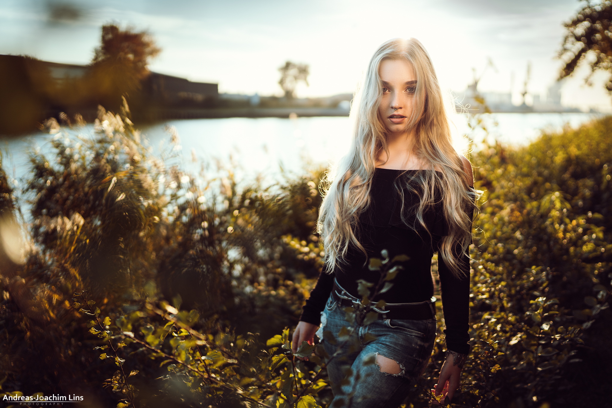 Women Blonde Nose Rings Torn Jeans Long Hair River Andreas Joachim Lins Depth Of Field Women Outdoor 2048x1366