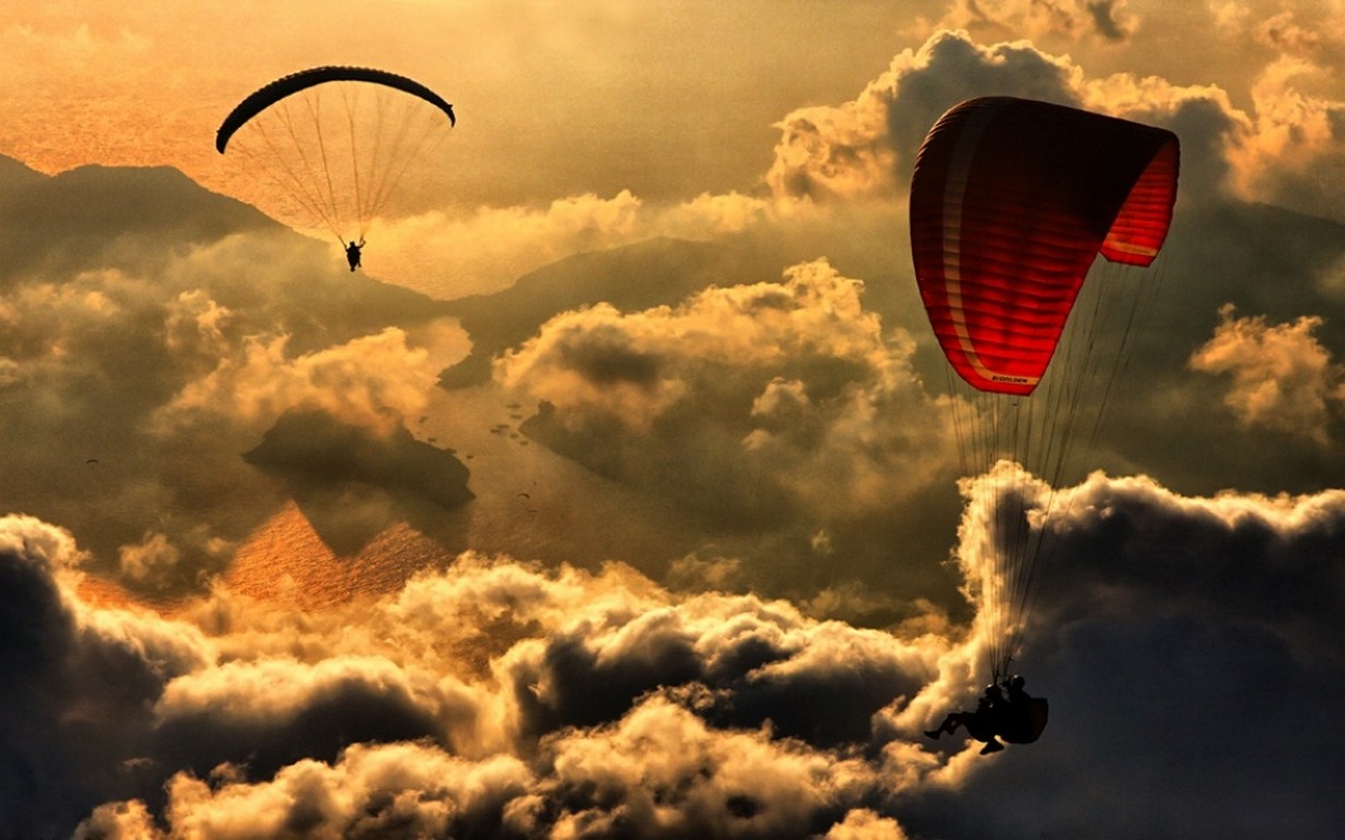 Nature Landscape Paragliding Aerial View Clouds Sea Mountains Flying Sunset Freedom Wind 1230x768