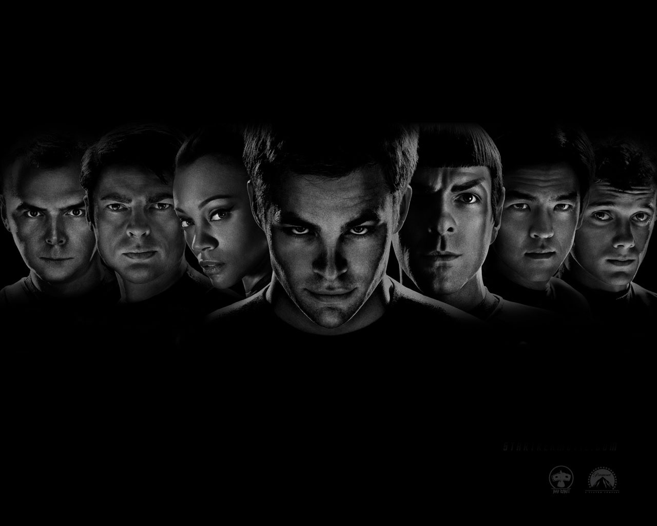 2009 Year Movies Monochrome Chris Pine Zoe Saldana John Cho Simon Pegg Anton Yelchin Karl Urban Zach 1280x1024